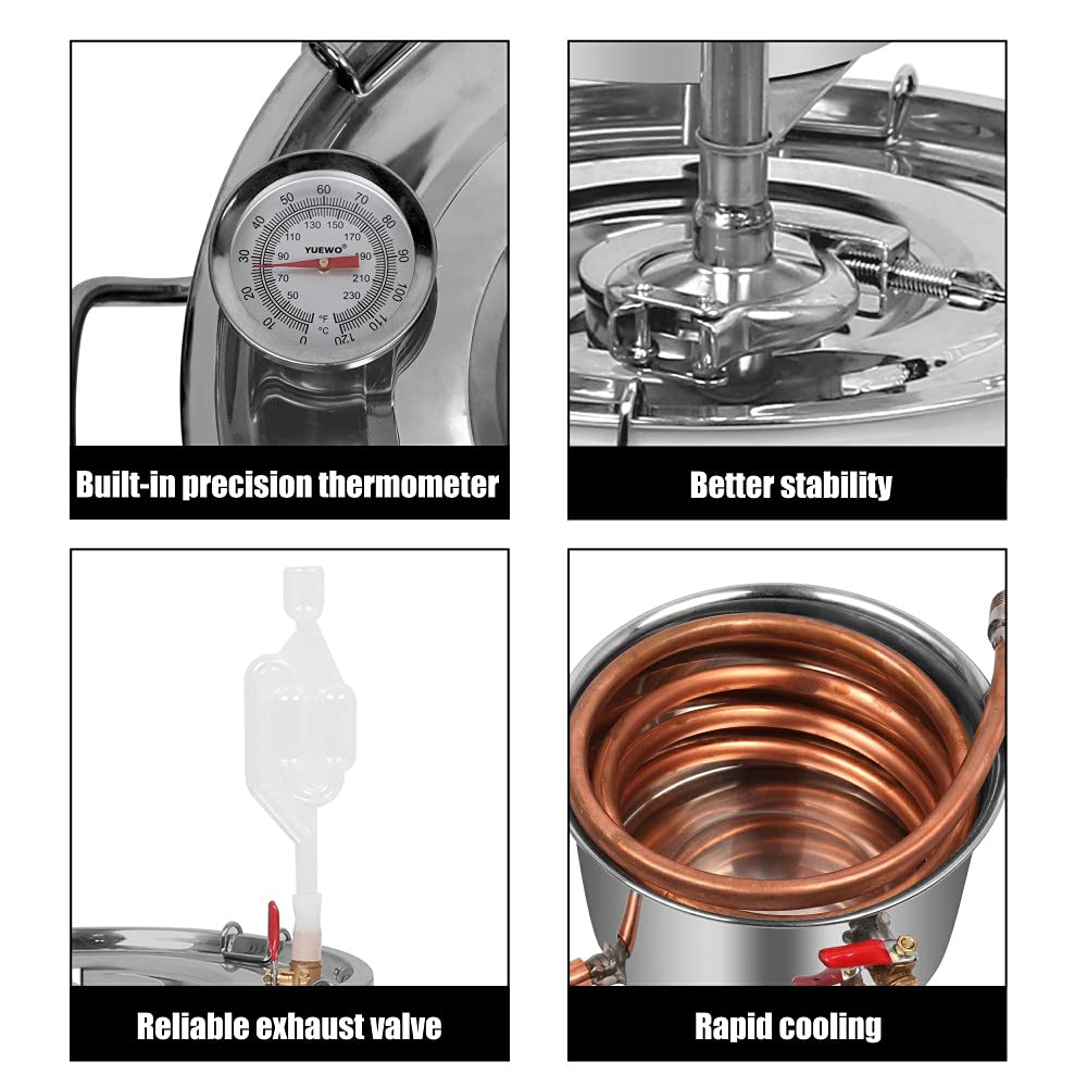YUEWO 5 Gallon Alcohol Still - 3 Pot Copper Distiller Kit for Home Brewing Whisky, Wine, Brandy & Essential Oils | DIY Spirits Making Equipment for Beginners & Enthusiasts | Perfect for Home Bars, Craft Distilleries & Small Batch Production