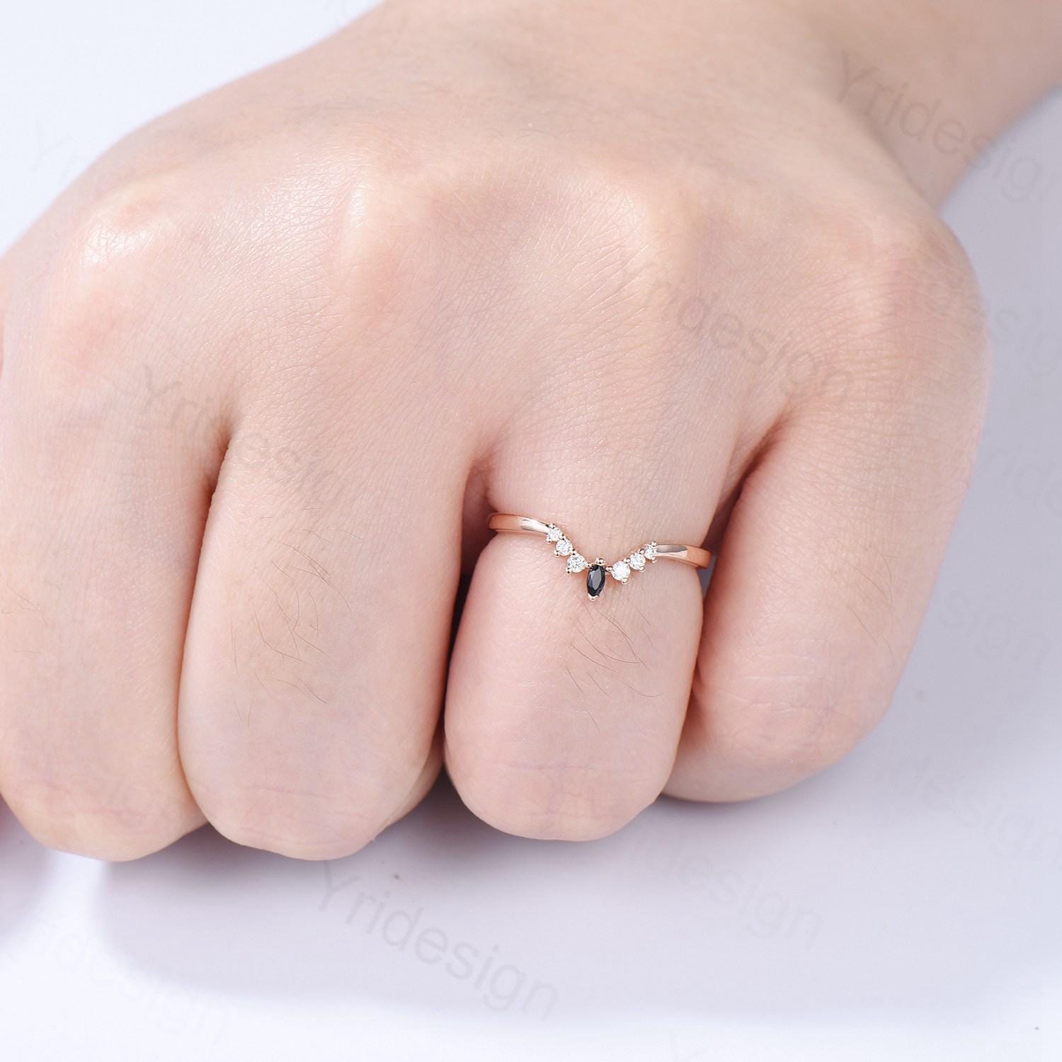 14K Rose Gold Curved Wedding Band for Women - Lab Grown Diamond & Black Spinel Art Deco Stacking Ring - Custom Matching Anniversary Jewelry Gift for Brides, Wives, and Couples - Perfect for Weddings, Engagements, and Special Occasions