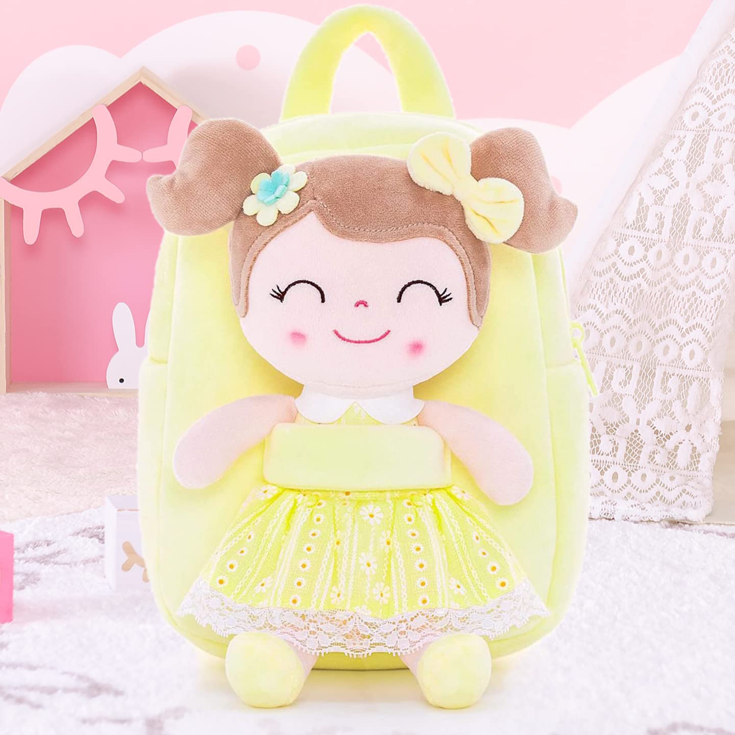 Gloveleya Soft Plush Kids Backpack for Toddler Girls - 9 Inch Cute Spring Doll Toy Backpack (Yellow) - Perfect for Preschool, Daycare & Travel Accessories