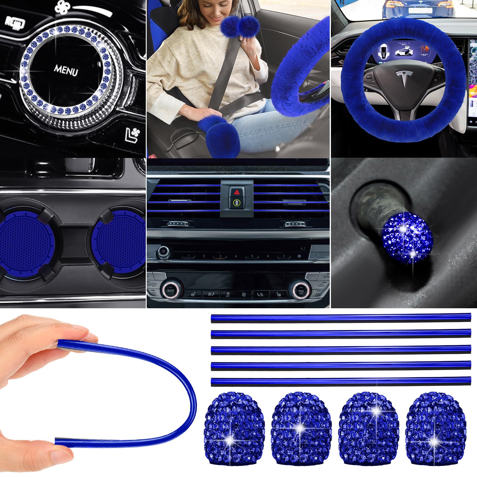 **Woanger 47-Piece Full Set Car Seat Covers for Women - Fluffy Steering Wheel Cover, Seat Belt Pads, Floor Mats & AC Decor Strips - Universal Fit (Blue) - Perfect for Comfort & Style in Sedans, SUVs & Trucks**