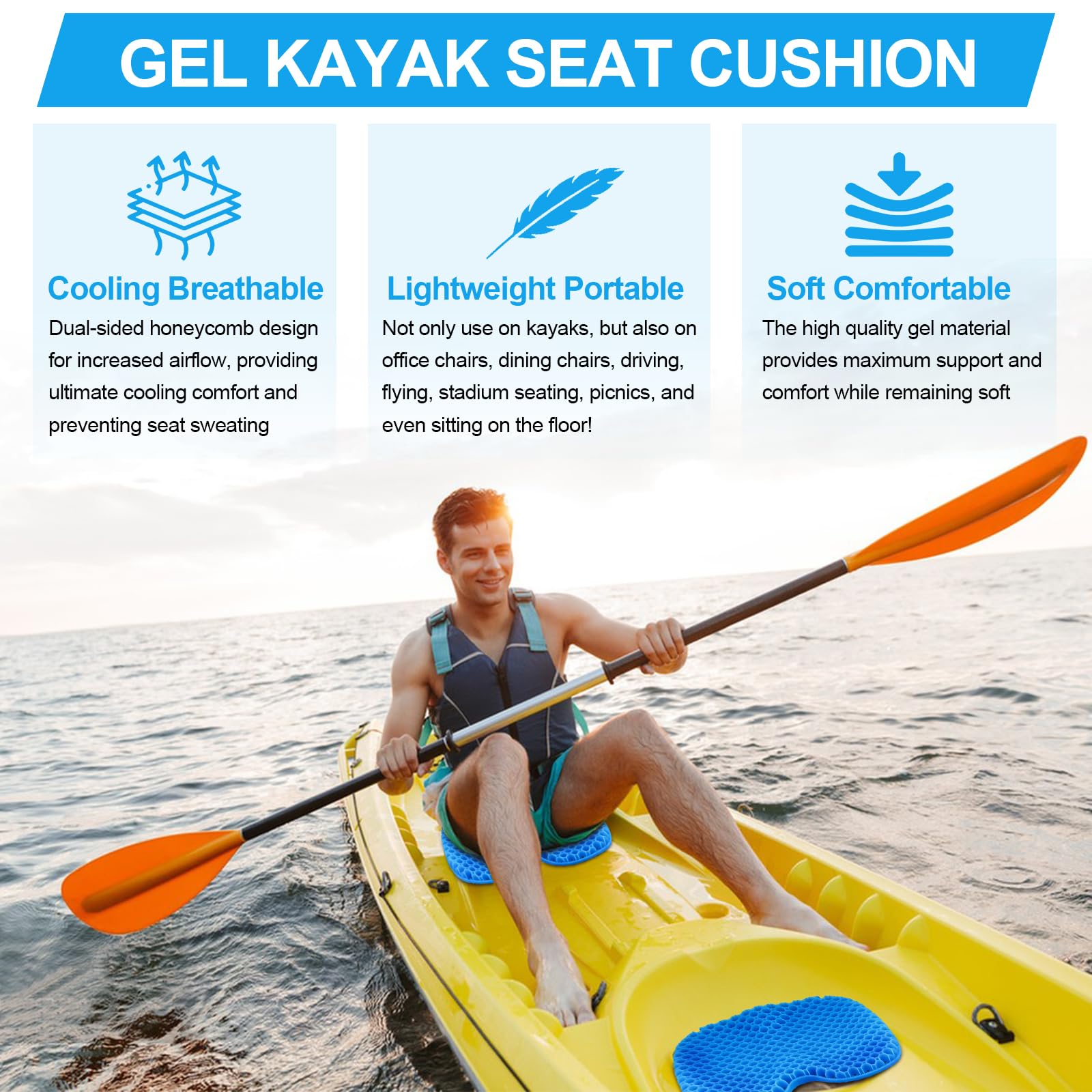 **Non-Slip Kayak Seat Cushion – Waterproof Thick Gel Kayak Seat Pad with Anti-Slip Cover – Comfortable Canoe Seat Cushion for Kayaking & Boating – Perfect for Fishing, Paddling & Outdoor Adventures**