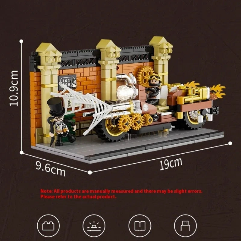 FunWhole F9067 Steampunk World Motorcycle Chase Building Blocks Set - Creative DIY Model Kit for Adults & Teens - Perfect for Home Decoration, Gift Giving & Collector's Display