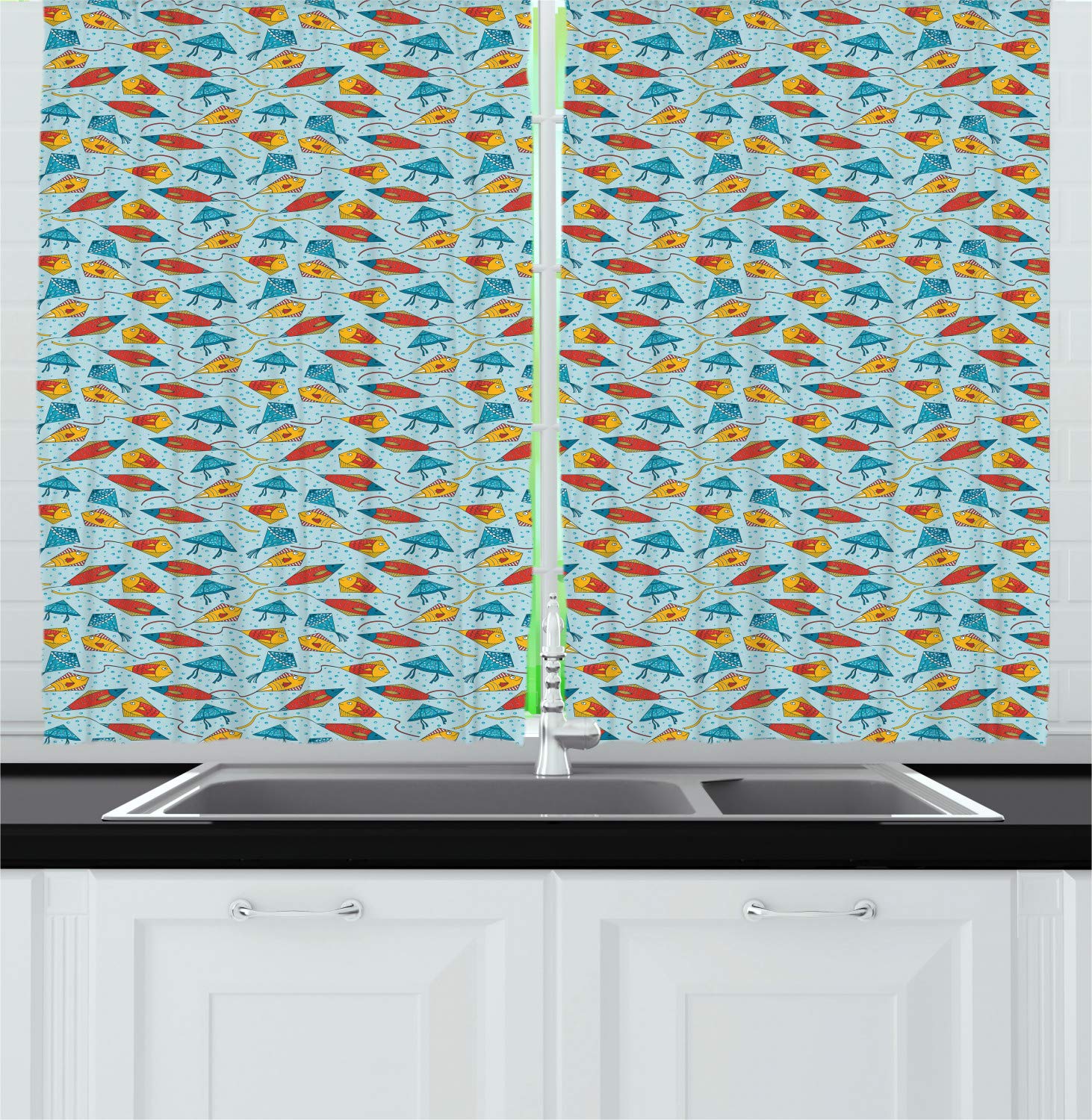 Ambesonne Fish Themed Kitchen Curtains - Blue Aquatic Animal Kite Design with Bubble Background, 2 Panel Window Drapes for Kitchen & Cafe Decor, 55