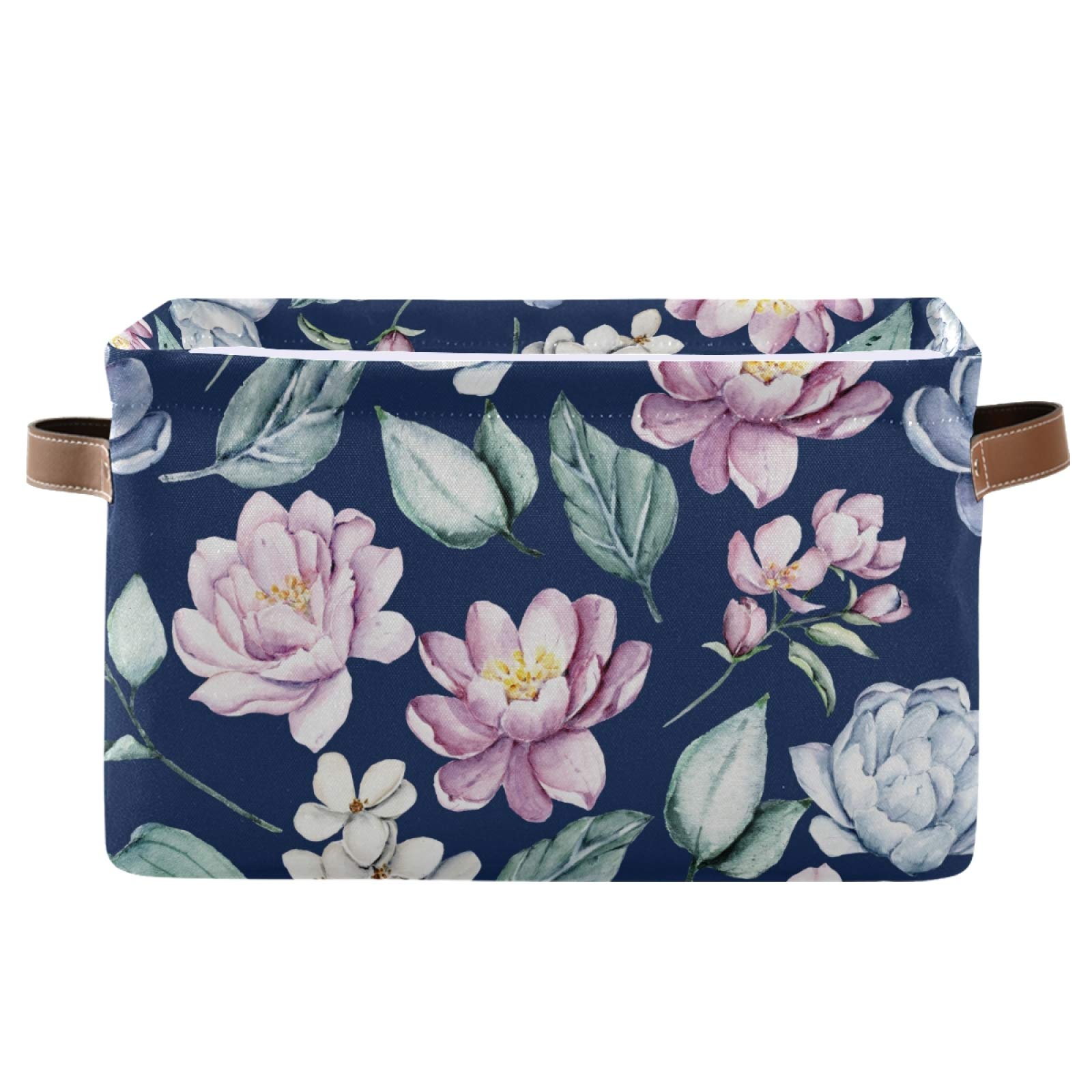 Large Foldable Storage Bin with Watercolor Flower Design - Navy Blue Fabric Collapsible Basket with PU Handles for Home Organization (1-Pack) | Perfect for Shelves, Closet, Bedroom & Living Room Storage Solutions