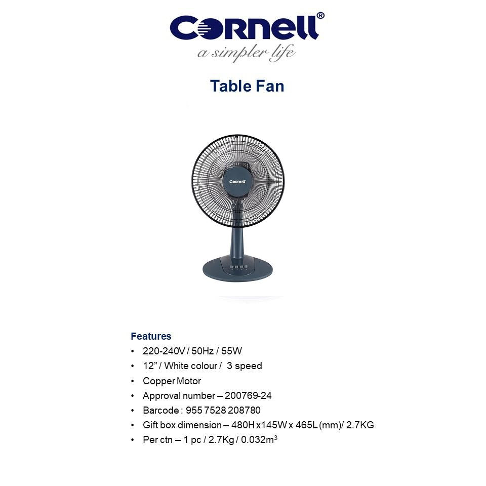 Cornell 12 Inch Table Fan - Quiet, Energy Efficient, 3 Speed Settings (CFNT122GY/CFNT122WHX) - Perfect for Home, Office, and Dorm Room Cooling