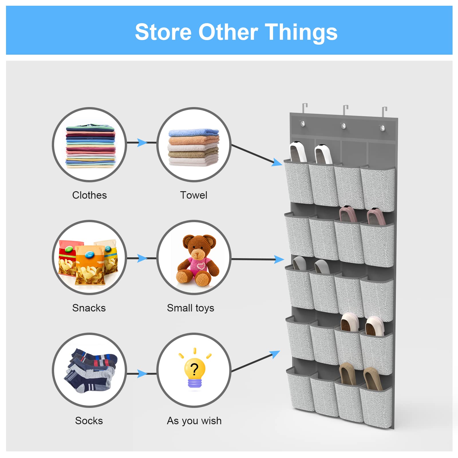 20-Pocket Over Door Shoe Organizer with 6 Sturdy Hooks - 2 Pack Space-Saving Hanging Shoe Storage for Sneakers, High Heels & Boots - Perfect for Closet Doors, Dorm Rooms & Small Apartments (Gray)