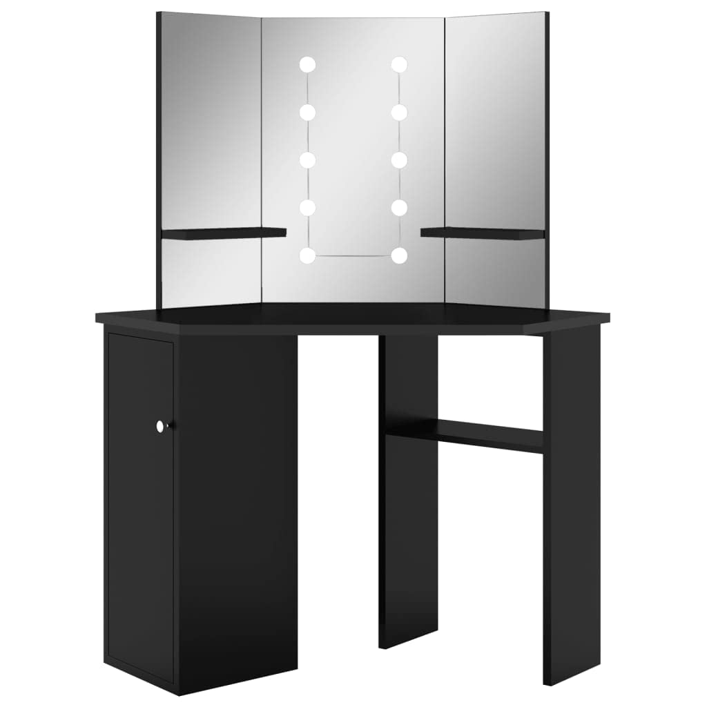 vidaXL Corner Dressing Table with LED Lights - Modern Vanity Makeup Desk for Bedroom, Home & Indoor Use - Black Cosmetic Furniture for Makeup Application & Beauty Organization
