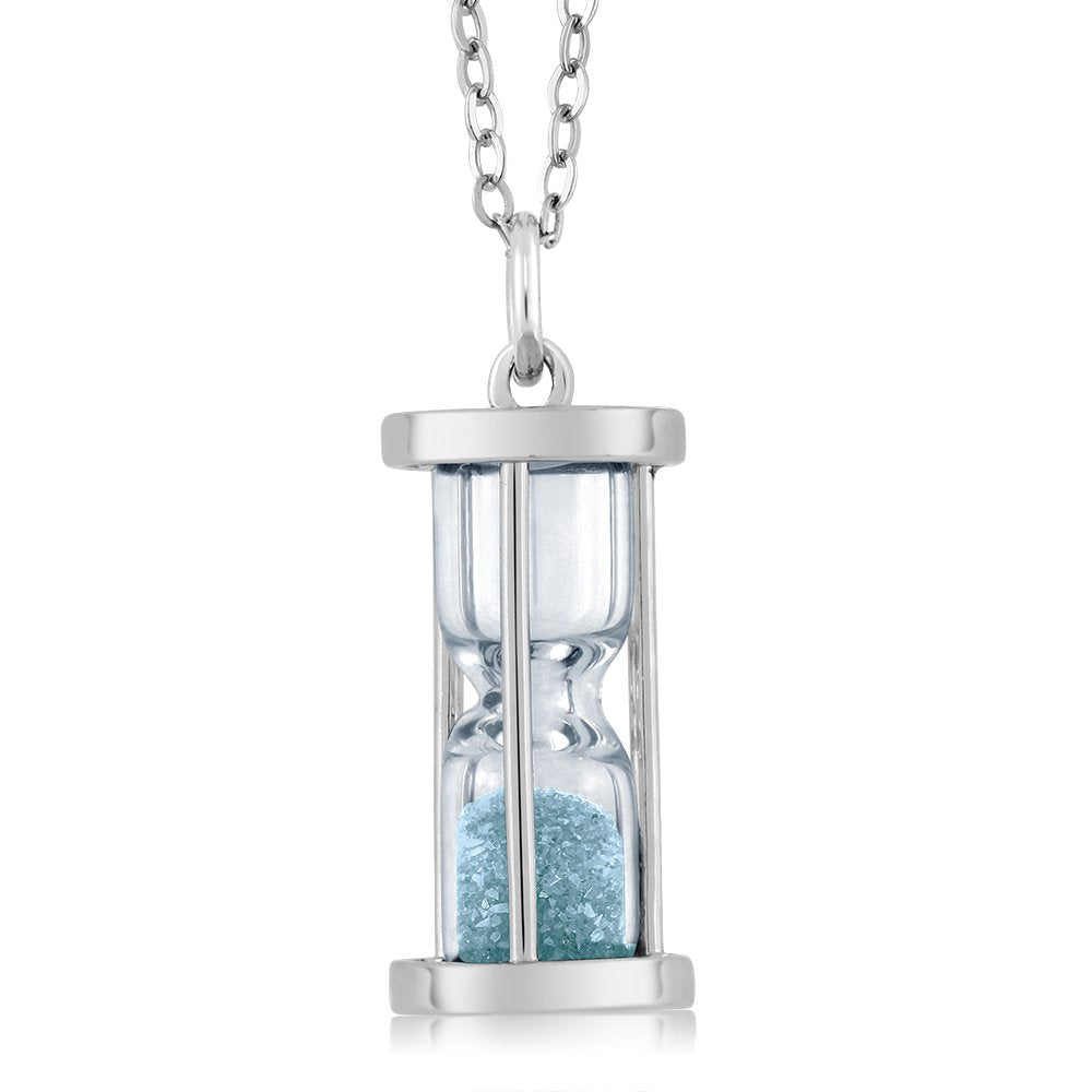 Diamond & Sky Blue Gemstone Birthstone Pendant Necklace with 18 Inch Silver Chain | Elegant Dust Hourglass Design for Women | Perfect Gift for Birthday, Anniversary & Special Occasions