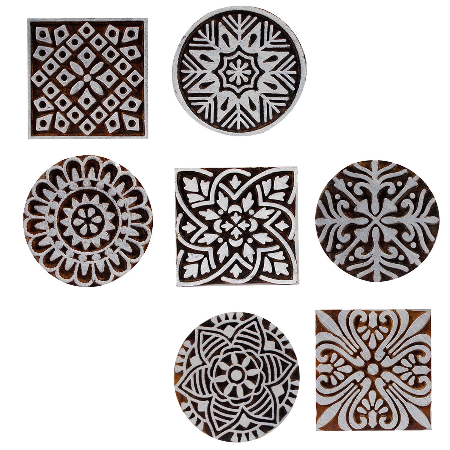7-Piece Round & Square Floral Wooden Printing Blocks Set - Indian Handmade Stamps for Scrapbooking, Card Making & DIY Crafts - Perfect for Paper Crafts, Fabric Printing & Home Decor Projects