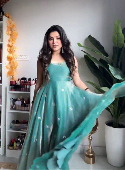 Sea Green Silk Blend Ethnic Anarkali Suit Set for Women | Traditional Indian Party Wear | Elegant Wedding Guest Outfit | Perfect for Festivals, Diwali & Special Occasions