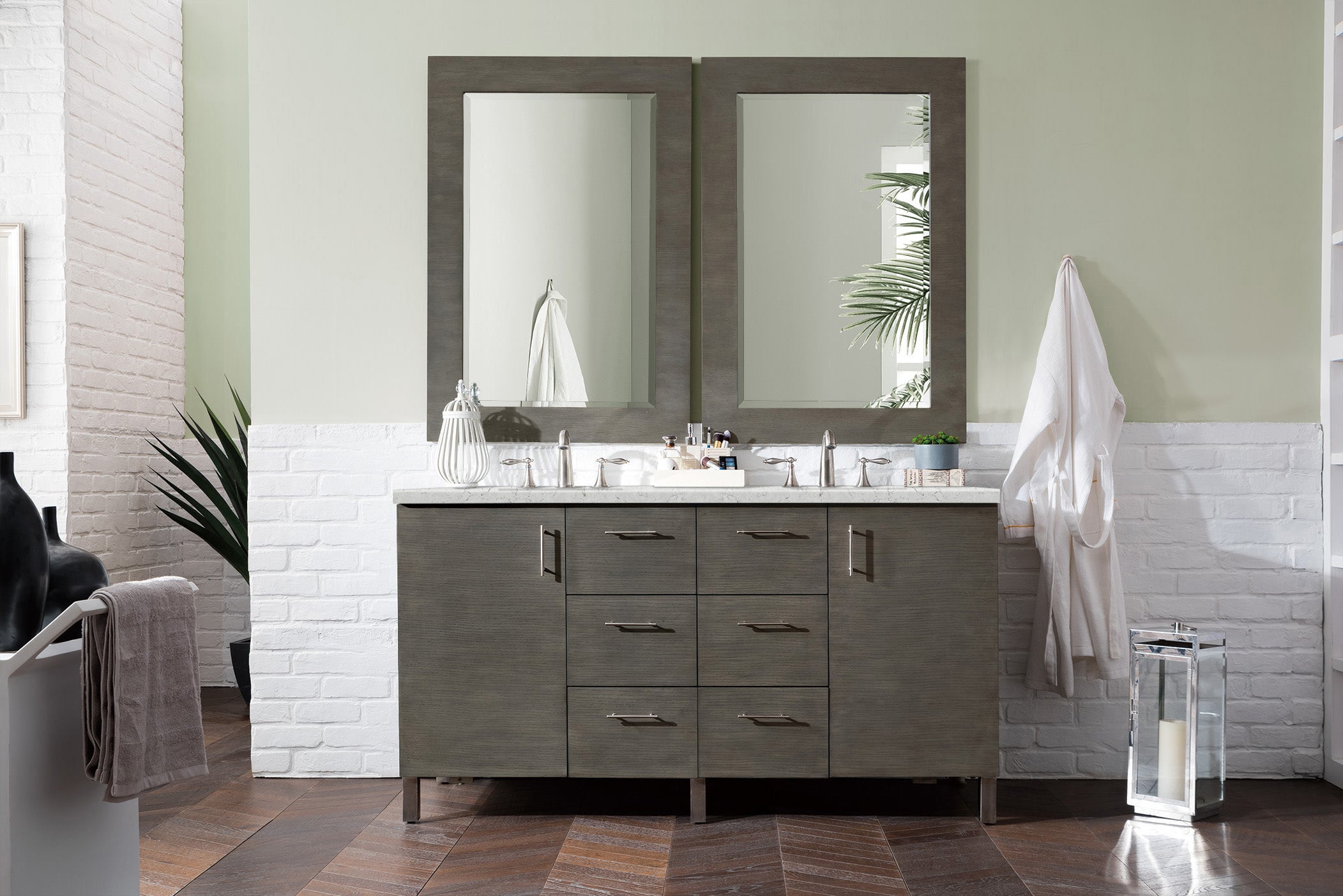 Metropolitan 60 Inch Double Bathroom Vanity Set with 3CM Eternal Jasmine Pearl Quartz Countertop - Silver Oak Finish | Perfect for Master Bathroom Remodeling & Luxury Home Upgrade