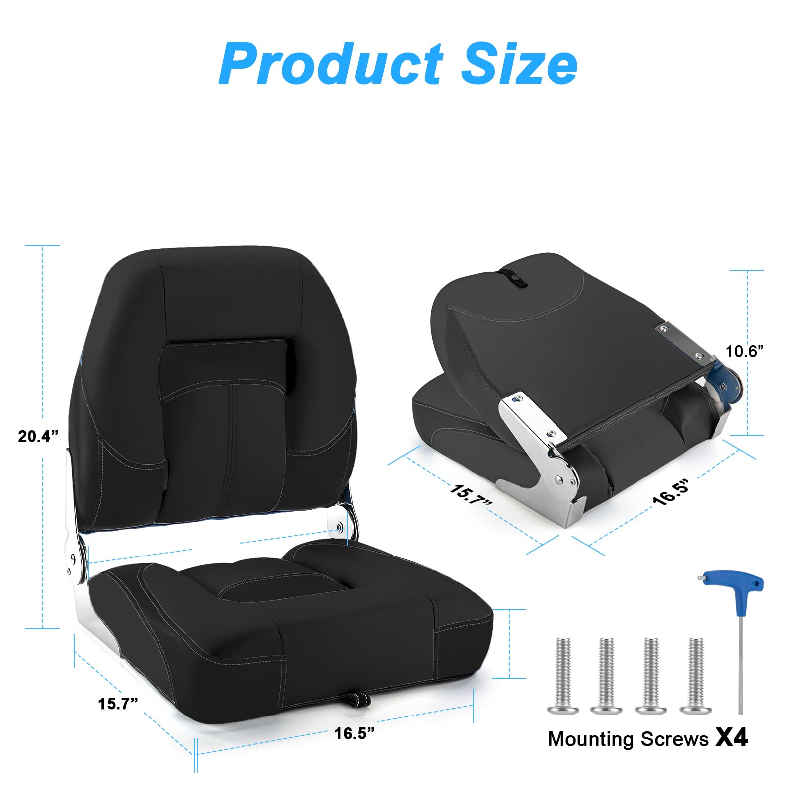 2 Pack Low Back Folding Boat Seats - Waterproof Microfiber Leather Fishing Chairs with Stainless Steel Hinges & Screws (Black) - Perfect for Fishing Boats, Yachts, and Marine Use