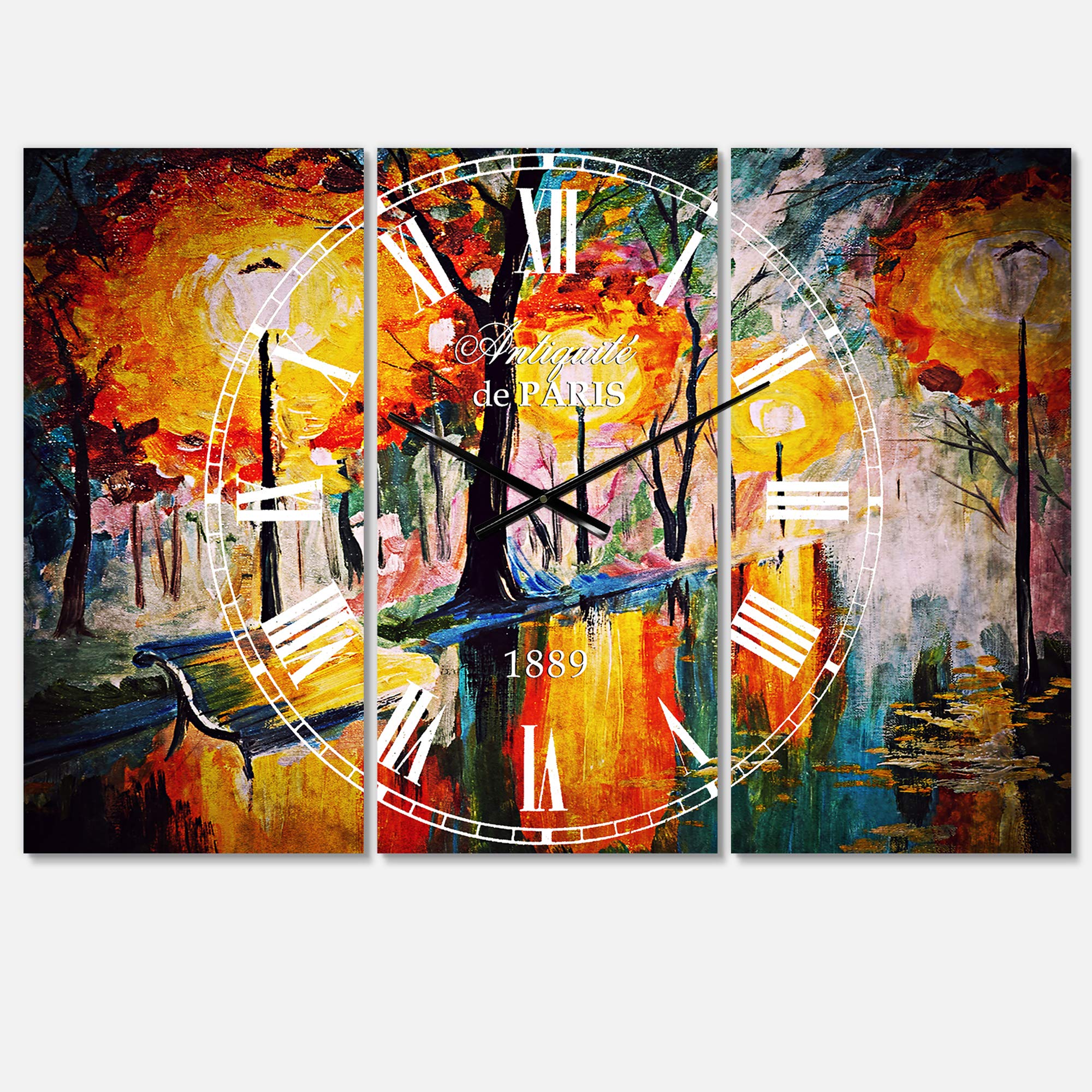 Designart Autumn Street Mediterranean 3-Panel Wall Clock - Metal Wall Art Decor for Living Room, Bedroom, Office | Perfect for Seasonal Home Decor & Modern Interior Design