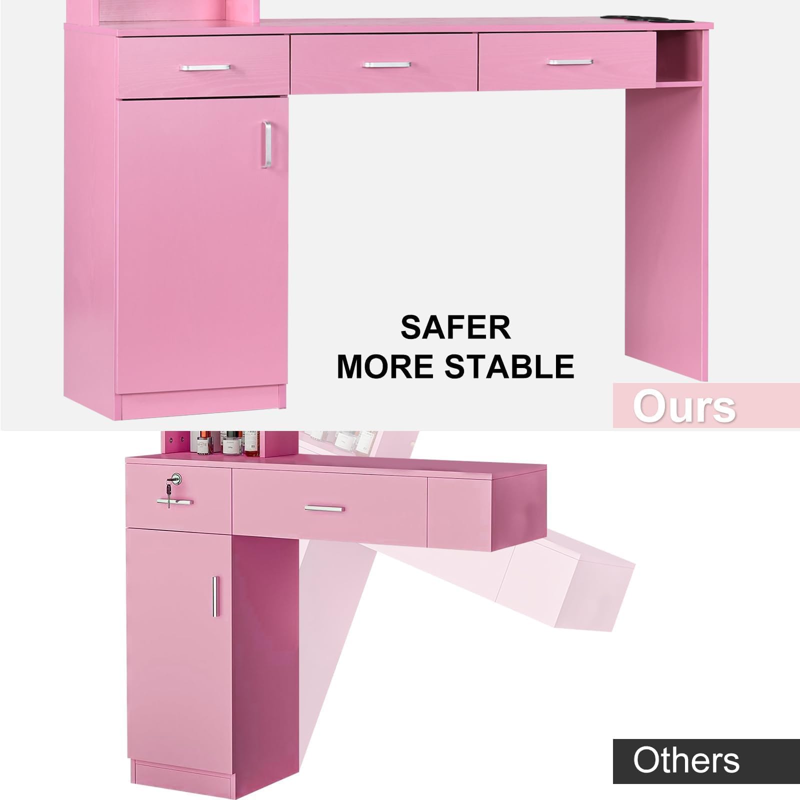 Professional Barber Station for Hair Stylists - Salon Wall Mount Cabinet with Hair Dryer Holder & Storage Drawers - Pink Beauty Salon Equipment for Home & Commercial Use