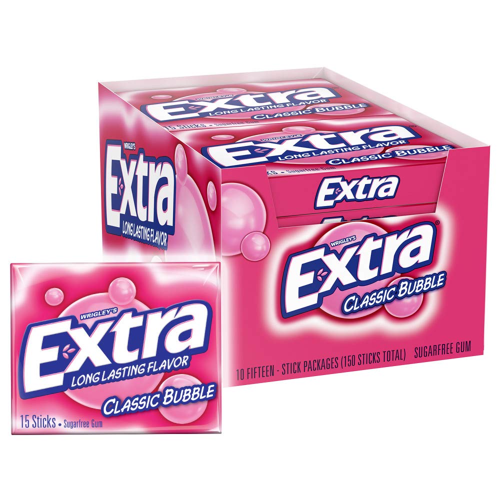 Sugar Free Extra Classic Bubble Chewing Gum - 15 Pieces per Pack (10 Packs) | Fresh Breath for Work, School & Travel