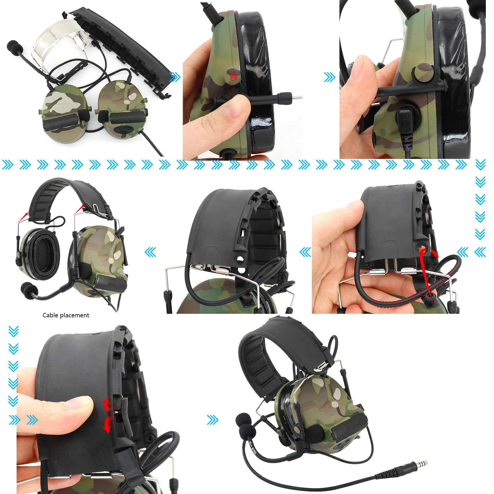 Tactical Headset with U94 PTT & Detachable Headband - Compatible with ARC, Mlok, Team Wendy Rail - Military & Airsoft Headphones (Multicam) - Perfect for Combat Training, Shooting Sports & Tactical Operations