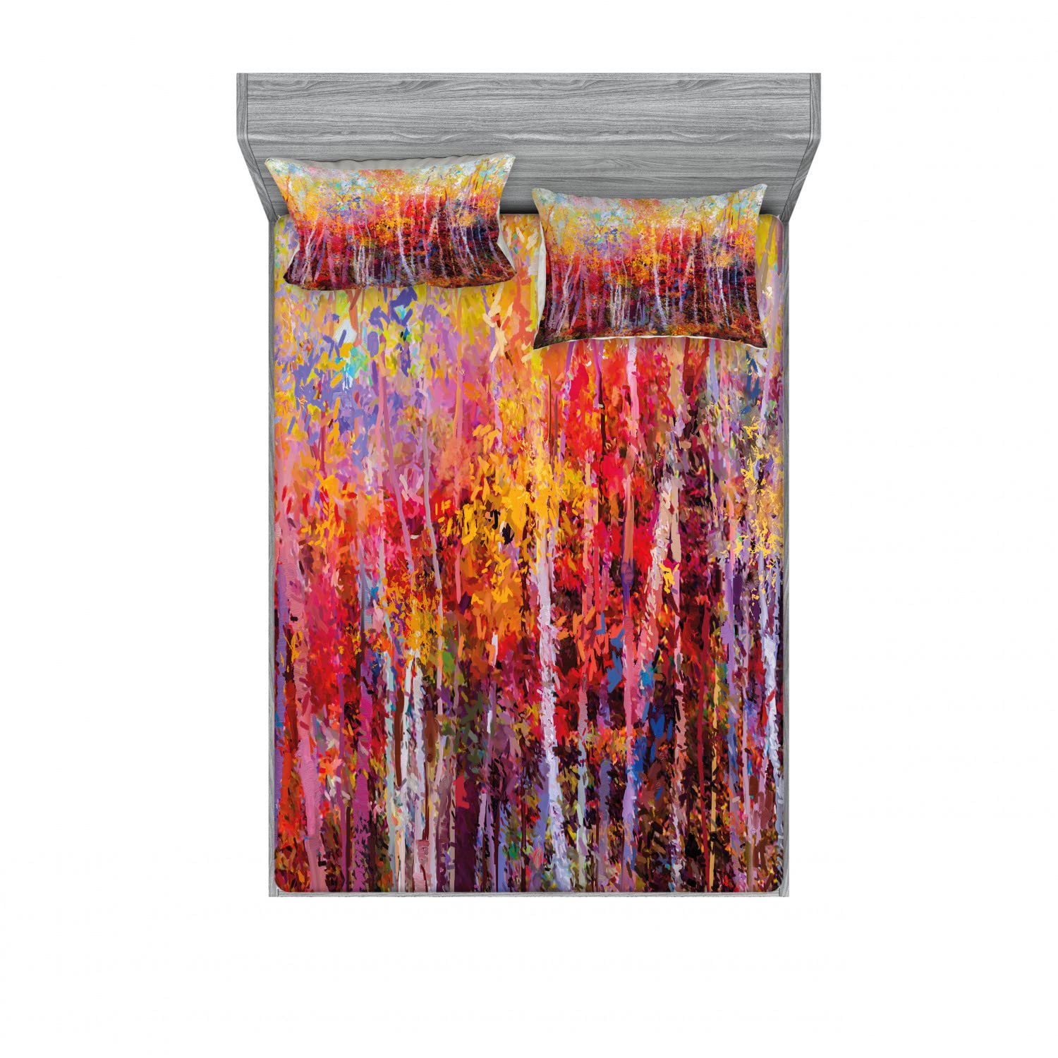 Ambesonne 4-Piece Queen Size Bedding Set - 2 Fitted Sheets & 2 Pillow Shams, Autumn Forest Painting Design in Orange & Yellow | Nature Inspired Bedroom Decor for Cozy Fall Season | Perfect for Guest Rooms, Cabins, and Rustic Home Decor