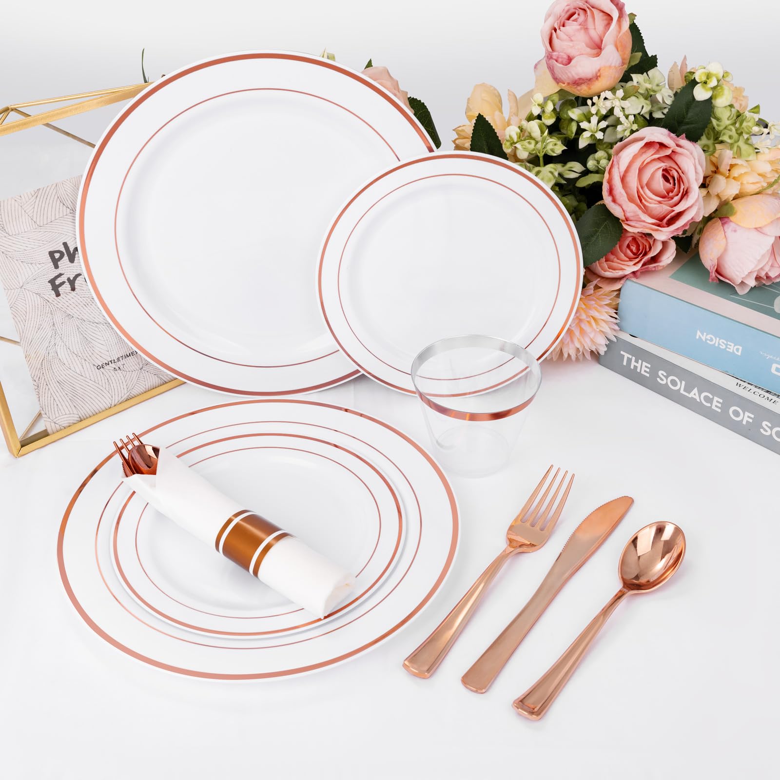 WELLIFE 350-Piece Rose Gold Plastic Party Tableware Set - 100 Disposable Plates, 150 Silverware, 50 Napkins & 50 Cups for 50 Guests | Elegant Dinnerware for Weddings, Birthdays, Baby Showers & Special Events