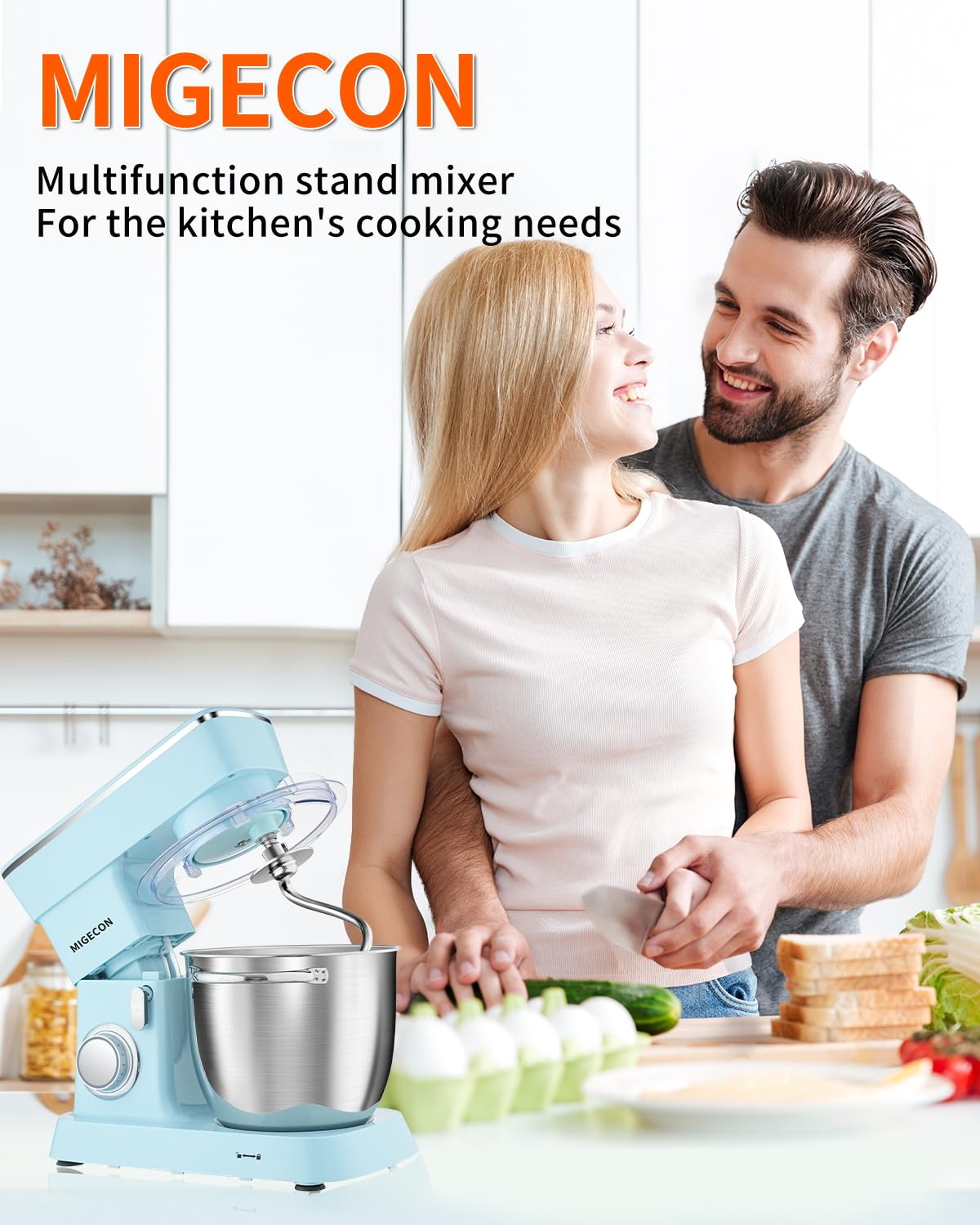 MIGECON 5.26 QT Stand Mixer - 10 Speed Electric Food Mixer with Dough Hook, Flat Beater & Whisk Attachments - Splash Guard - Perfect for Baking Cakes, Cookies & Bread Dough (Blue)