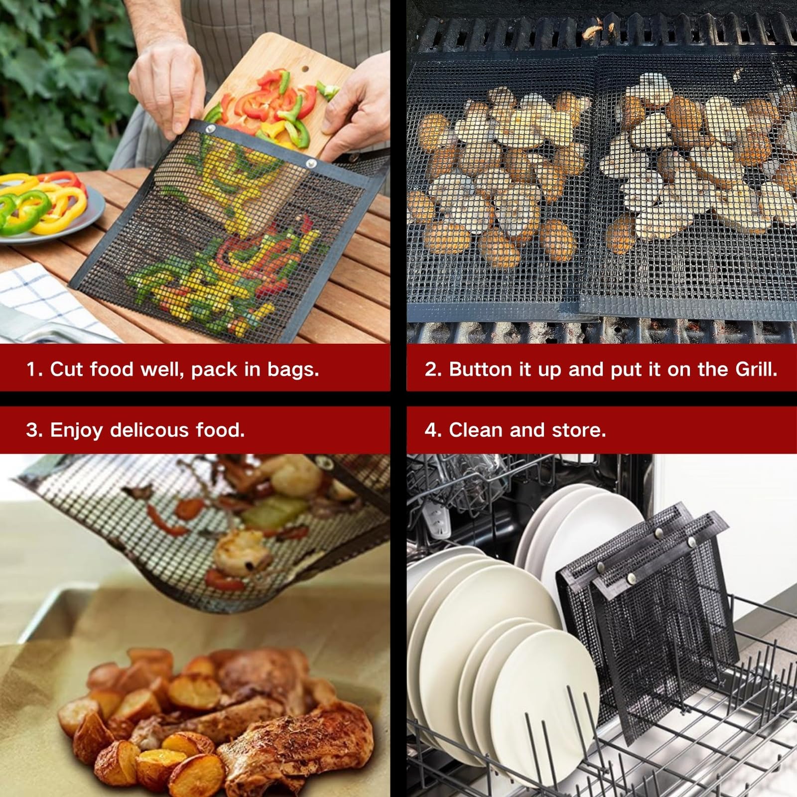 Reusable Non-Stick BBQ Mesh Grill Bags - 4 Pack with 2 Sizes (15.7