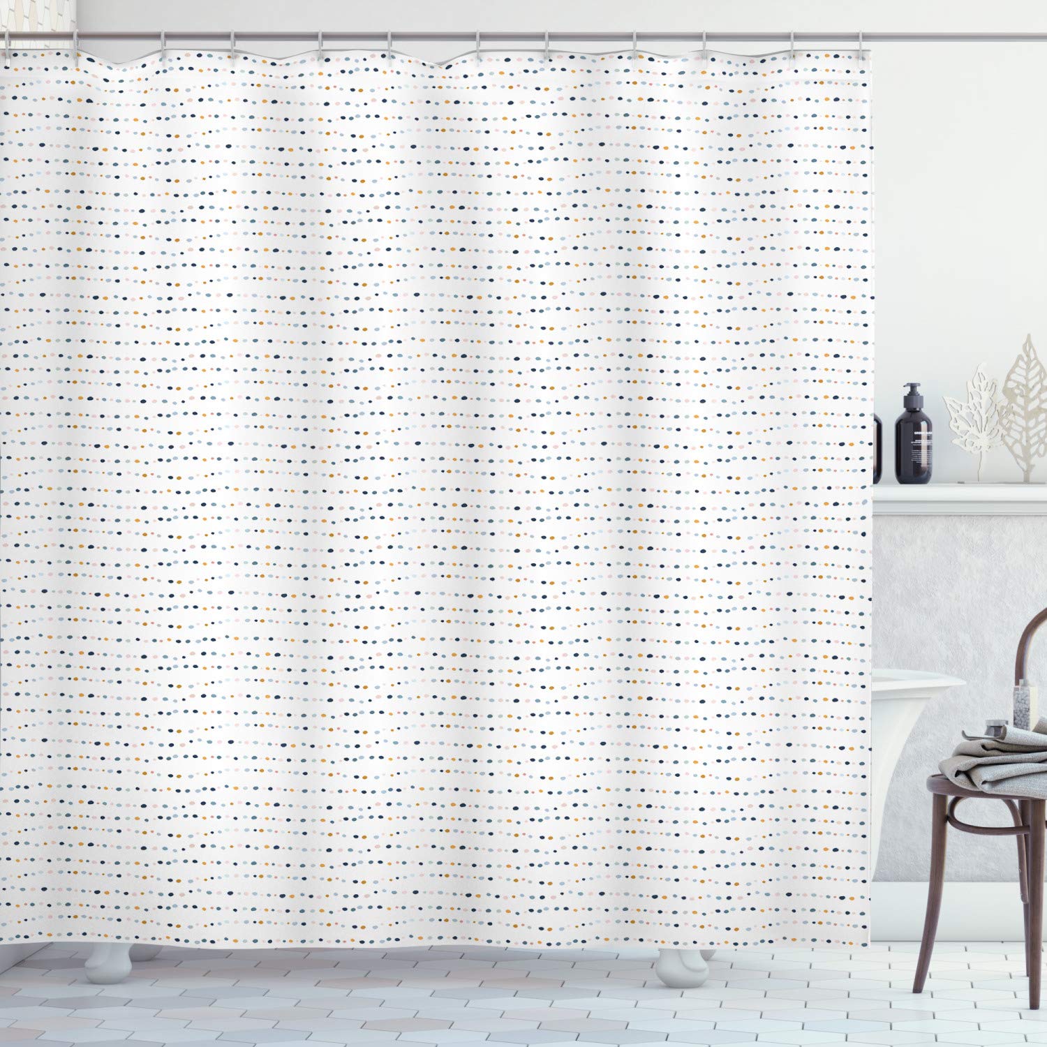 Ambesonne Abstract Geometry Shower Curtain - Modern Random Dots & Lines Print on White Multicolor Fabric, 69x84 Inches, Bathroom Decor Set with Hooks | Waterproof & Stylish for Contemporary Bathrooms