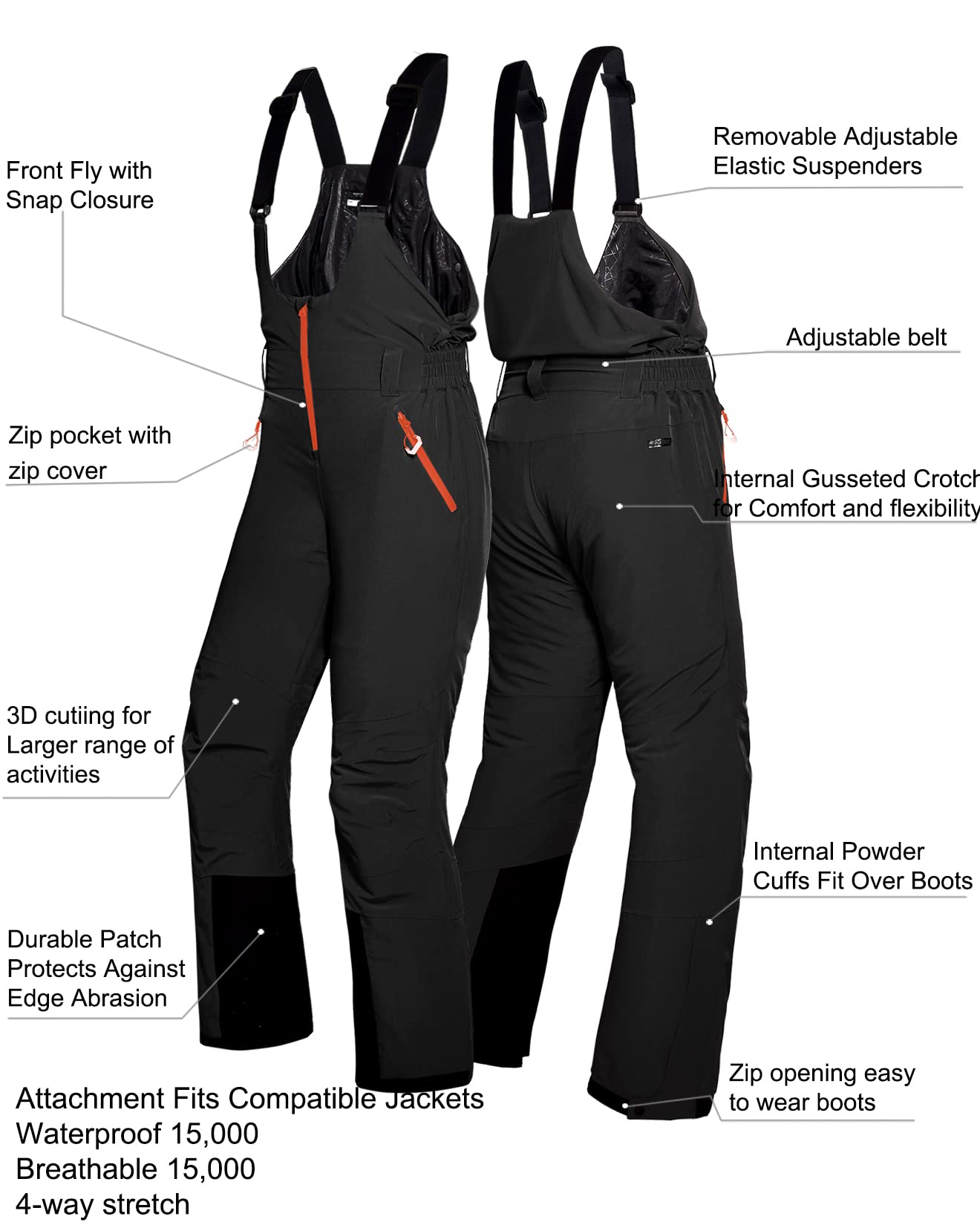 Fit Space Women's Ski Bibs - Waterproof 20K, Stretchable & Breathable Winter Snow Pants for Skiing, Snowboarding & Outdoor Activities