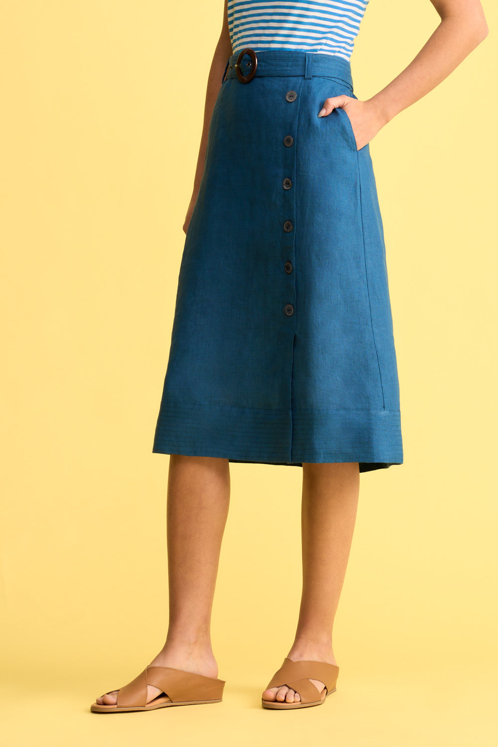 Women's Navy Blue Cross-Dyed Linen Belted Midi Skirt - Casual Summer Skirt for Beach, Office & Everyday Wear