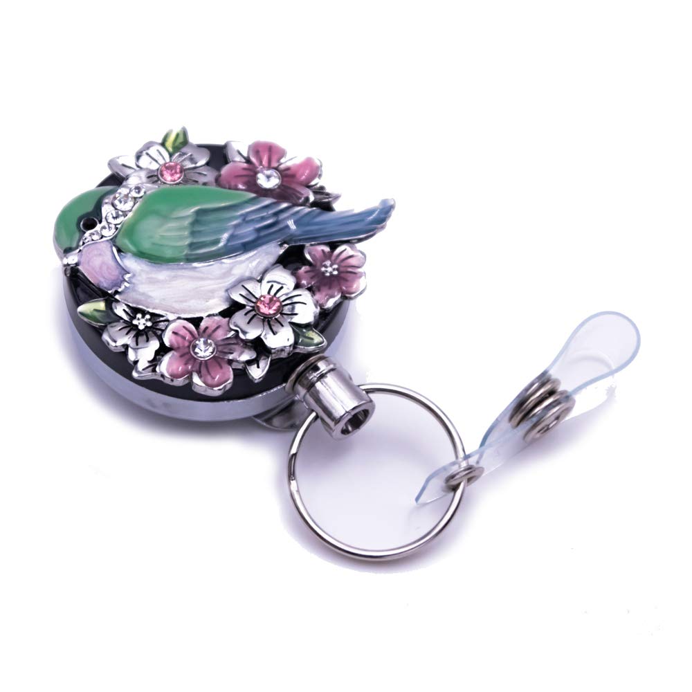 Retractable ID Badge Reel Holder with Metal Clip - Rhinestone & Pearl Bird Design (1.7