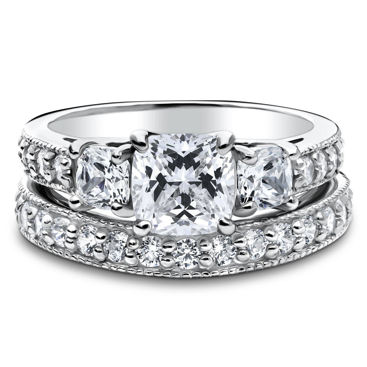 BERRICLE Sterling Silver 3-Stone Wedding Engagement Ring Set for Women - 1.5 Carat Cushion Cut Cubic Zirconia CZ, Rhodium Plated, Size 4-10 - Perfect for Proposals, Anniversaries & Special Occasions