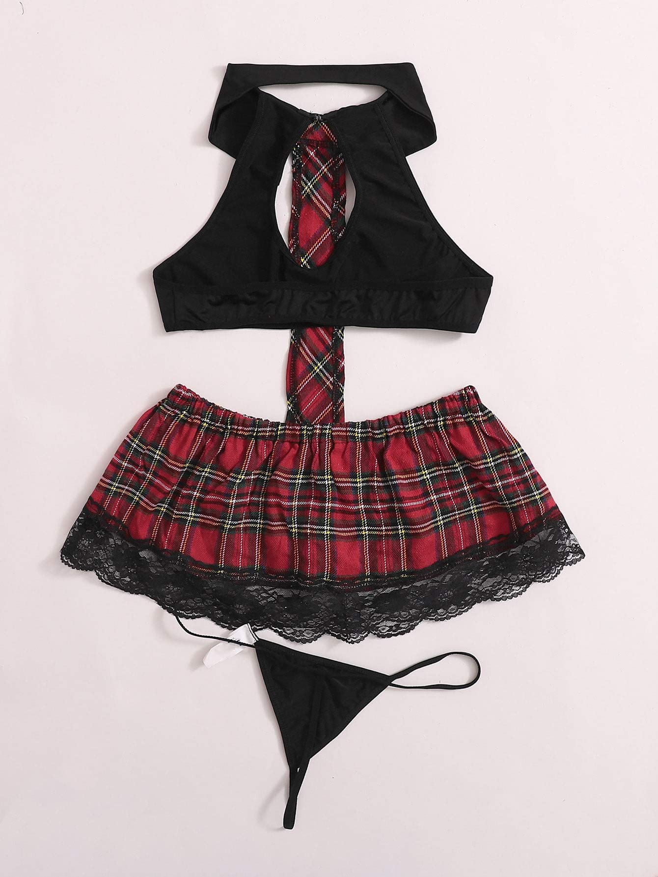SweatyRocks Women's Sexy Lingerie Set - Lace Cosplay Top & Plaid Mini Skirt Outfit for Halloween, Party, Role Play & Boudoir Photography