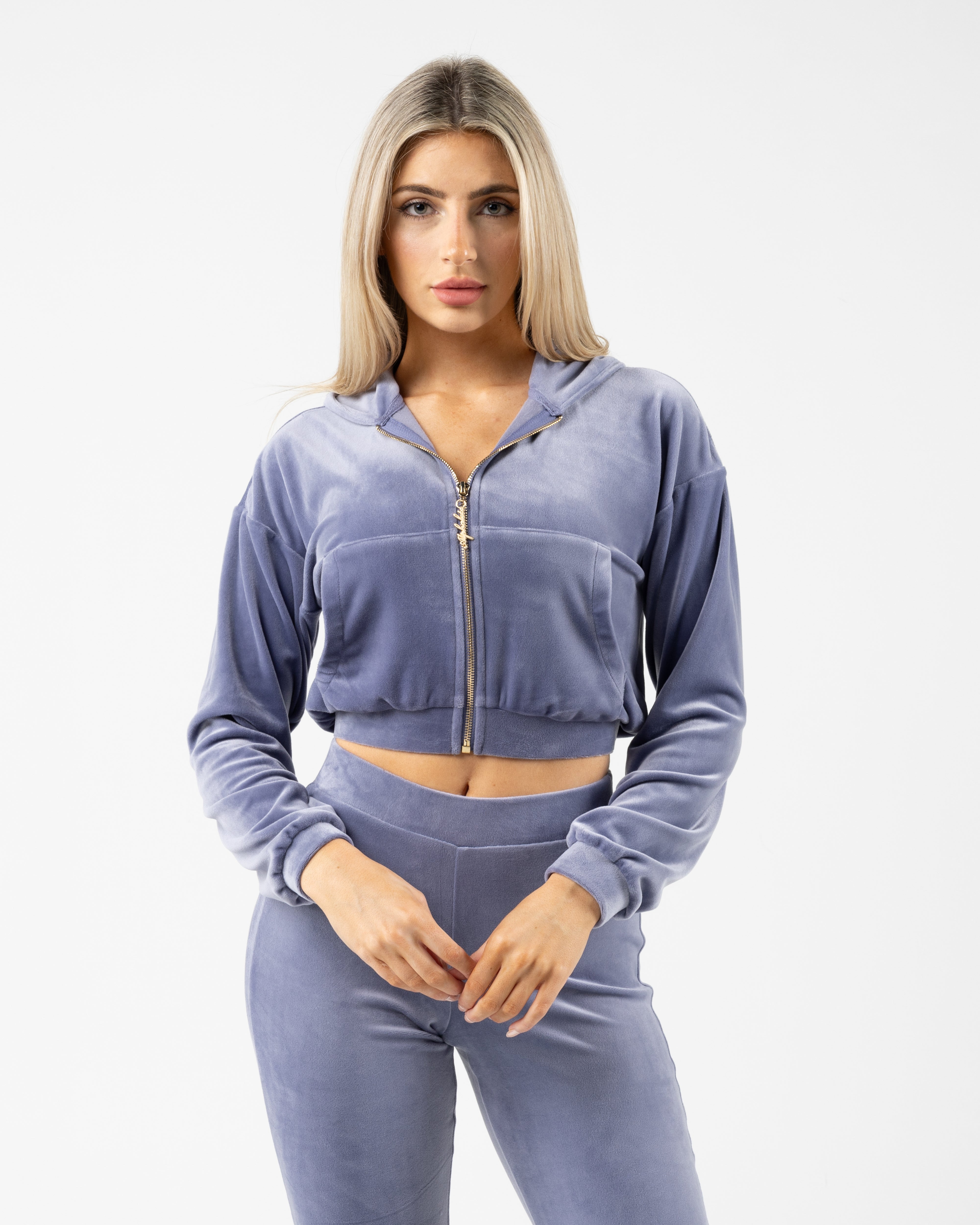 Velour Zip Hoodie for Women - Soft & Cozy Dusty Blue Pullover | Casual Wear, Lounge, Gym & Outdoor Activities