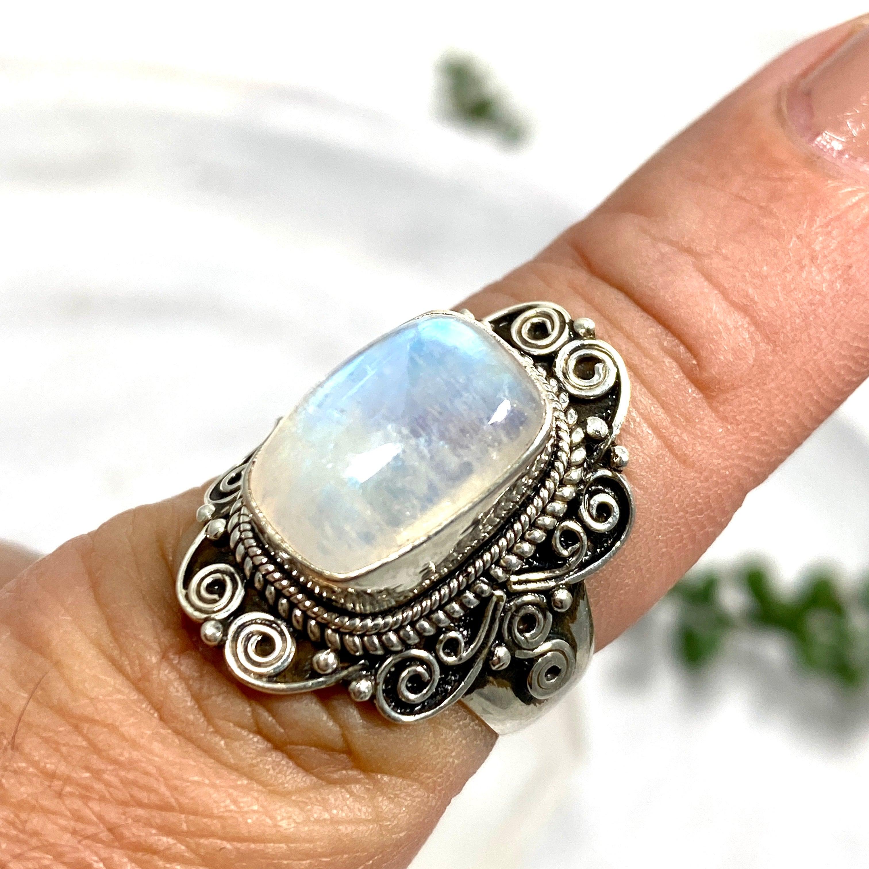 Boho Style Moonstone Rectangular Ring Size 8 KRGJ2776 - Elegant Handmade Jewelry for Women, Perfect for Weddings, Parties & Everyday Wear