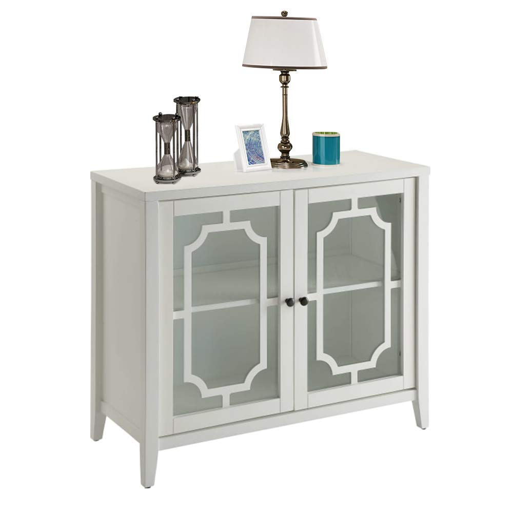 Goujxcy Wooden Floor Storage Cabinet with Glass Door - White Console Cabinet for Living Room, Display Organizer for Books, Games & Decor