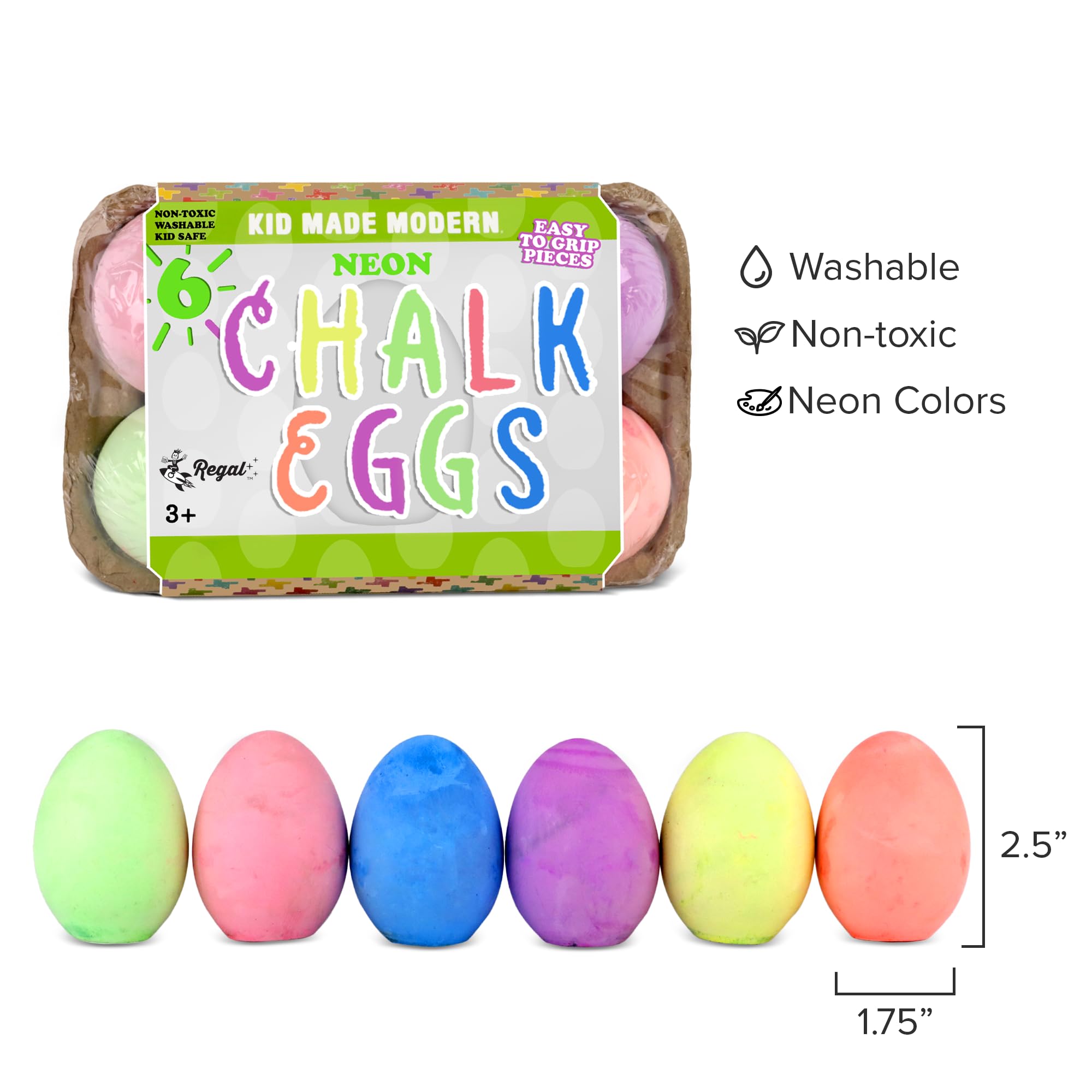 Kid Made Modern Washable Neon Sidewalk Chalk Set - 6-Piece Non-Toxic Egg Chalk for Outdoor Play, Chalkboard Art & Creative Learning | Perfect for Driveway Drawing, Classroom Activities & Toddler Playtime (Ages 3+, Multicolor)