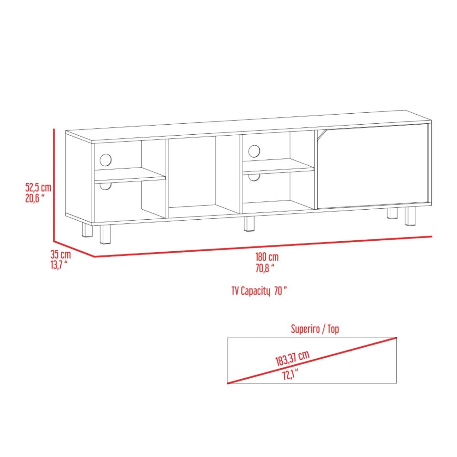 Conquest 70 Inch TV Stand with 4 Open Shelves & 5 Sturdy Legs - Light Oak Finish for Living Room, Bedroom & Home Theater Setup