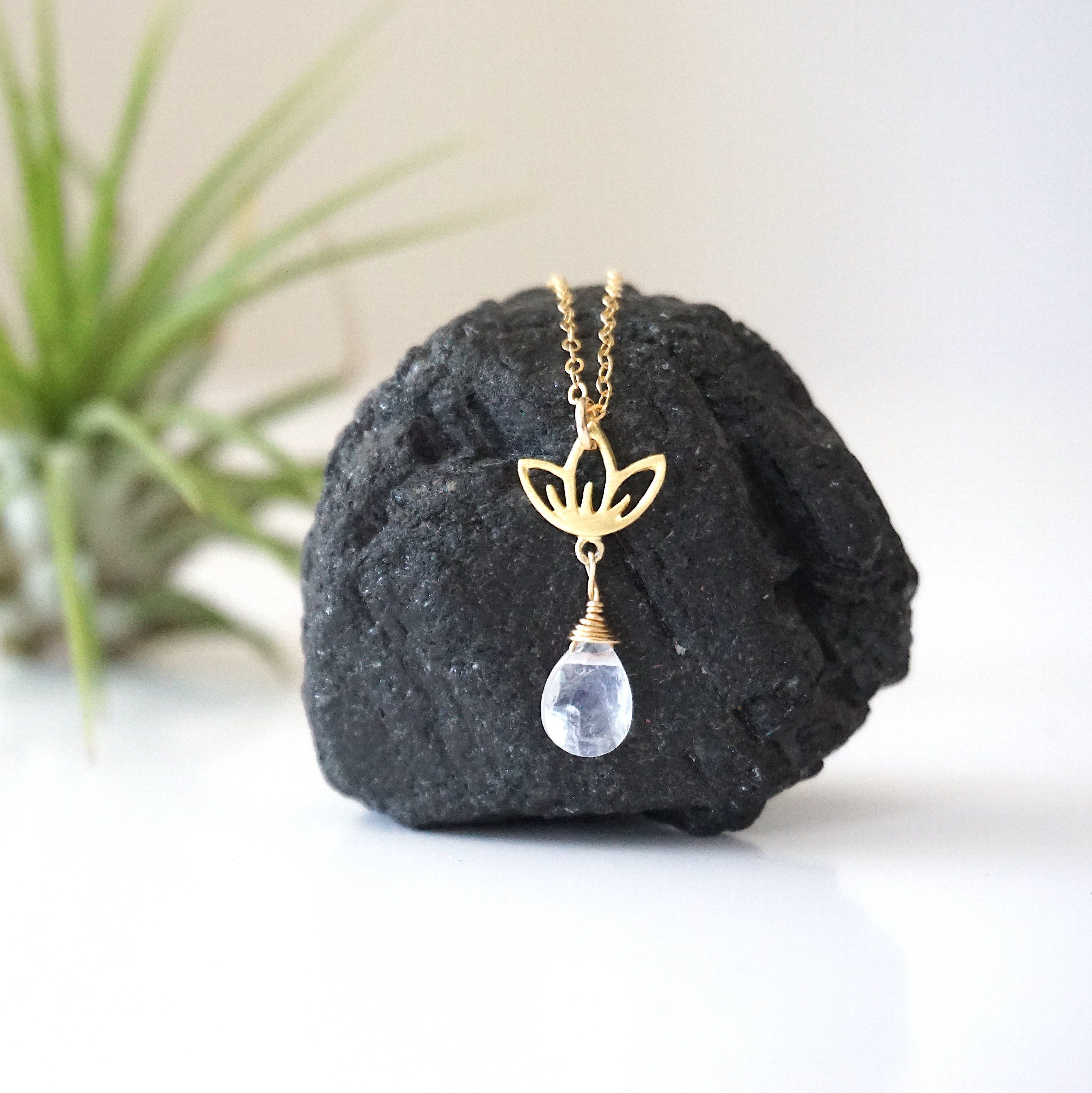 Rainbow Moonstone Necklace with Drop Lotus Charm - 14K Gold Filled Jewelry for Women, Elegant Boho Pendant Necklace for Everyday Wear & Special Occasions