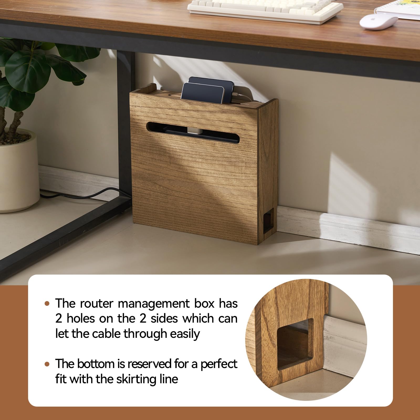 KIRIGEN Wooden WiFi Router Organizer with Cable Management - Wireless Router Storage Box & Power Cord Shelf for Home Office - Dark Brown LYQ-DBR - Perfect for Desk Organization and Neat Cable Setup