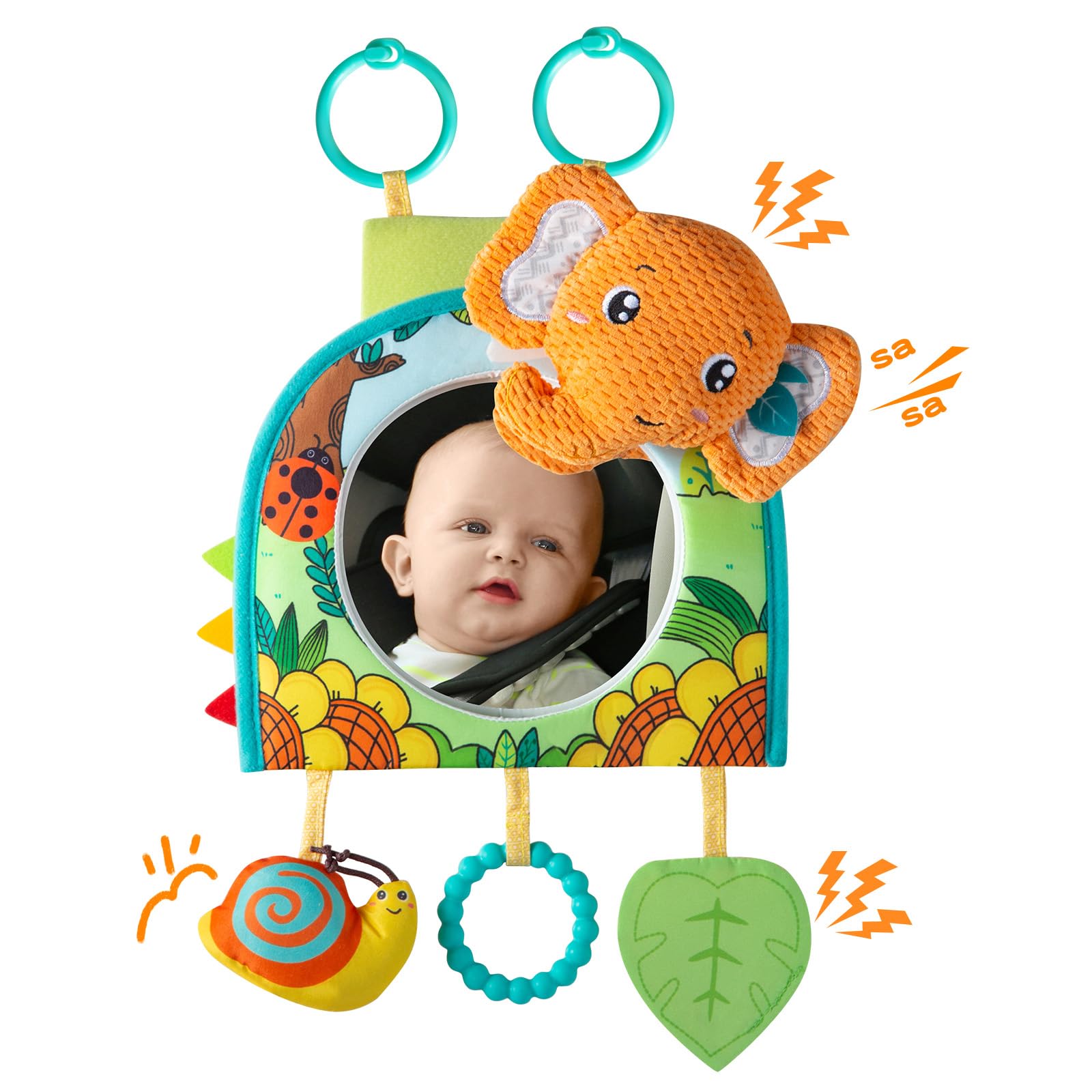 Baby Car Mirror & Toy Set for Rear Facing - Safe Travel Activity Center with Hanging Toys for Infants 0-18 Months - Perfect for Road Trips & Long Car Rides (Gender Neutral Design)