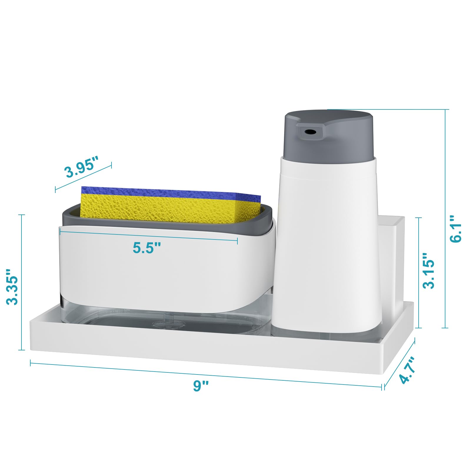 SUBEKYU Kitchen Soap Dispenser Set with Sponge Holder & Tray - Grey & White Plastic Hand & Dish Soap Dispenser for Sink - Perfect for Kitchen Organization & Dish Washing (Brush Not Included)
