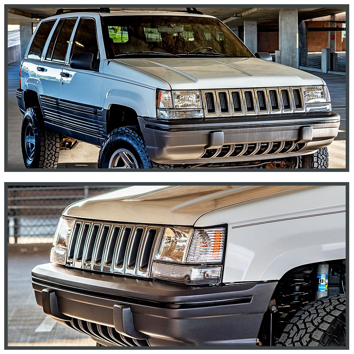 Spec-D Tuning Chrome Housing Clear Lens Headlights + Bumper Lights + Corner Lamps for 1993-1996 Jeep Grand Cherokee - Left & Right Pair Headlamp Assembly - Upgrade Lighting for Off-Road Adventures & Night Driving