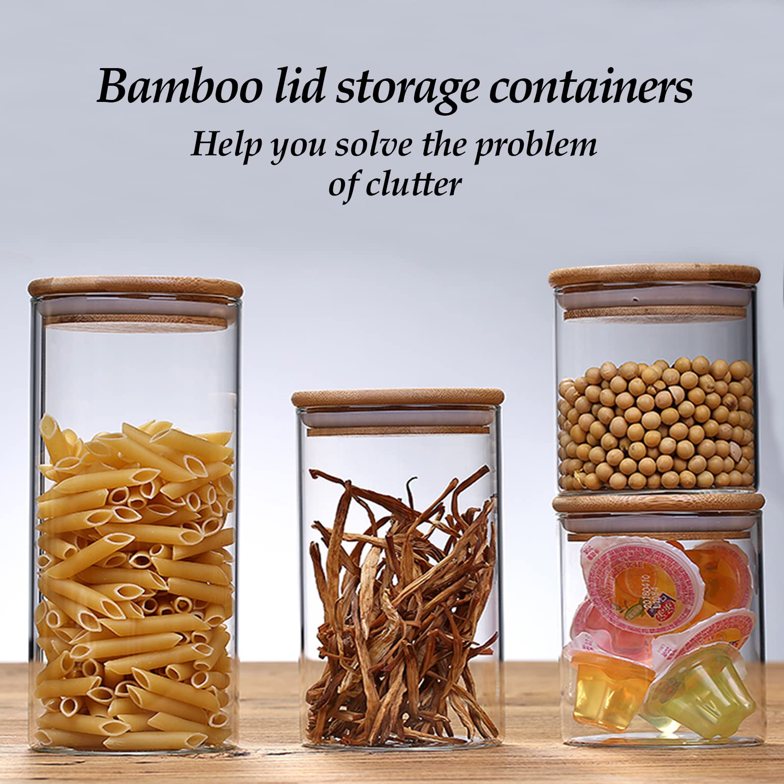 5-Piece Airtight Glass Food Storage Containers with Bamboo Lids - Stackable Kitchen Canisters for Sugar, Candy, Cookies, Flour, Nuts, Rice, Pasta & Spices | Perfect for Pantry Organization, Meal Prep & Bulk Food Storage