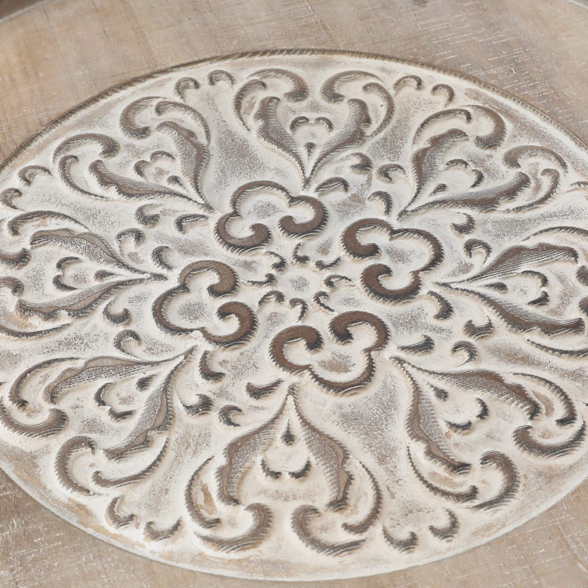 Distressed White Wood Round Accent Table with Shelf - Natural MDF Finish for Living Room, Bedroom & Entryway Decor