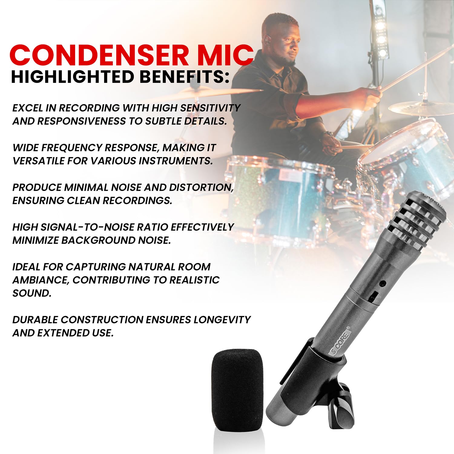 5 Core Professional Condenser Microphone - Cardioid Unidirectional Pencil Mic with Windscreen, Mic Clip & Case - Ideal for Podcasting, Recording, Streaming & Studio Use (Model: INSTRU MIC 100GREY)