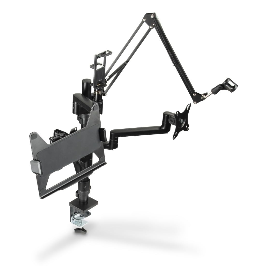 Hama Dual Monitor Mount Stand - 4 Arm Adjustable Swivel Tilt Desk Mount with Microphone Boom & Tripod Base for Streaming Setup, PC Monitors, Camera, Ring Light, Phone (Black) - Perfect for Home Office, Gaming & Live Streaming
