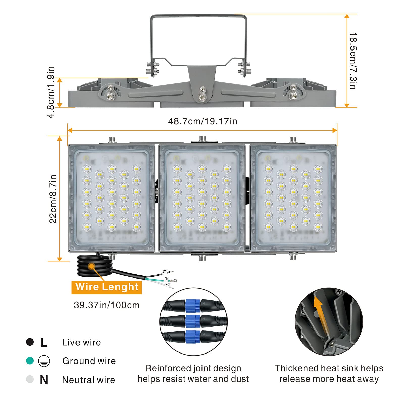 STASUN 150W LED Flood Light Outdoor, 13500 Lumens Waterproof Security Light with 330° Adjustable Angle, 3000K Warm White, 3 Adjustable Heads, IP66 Rated for Yard, Parking Lot, Warehouse & Backyard Lighting
