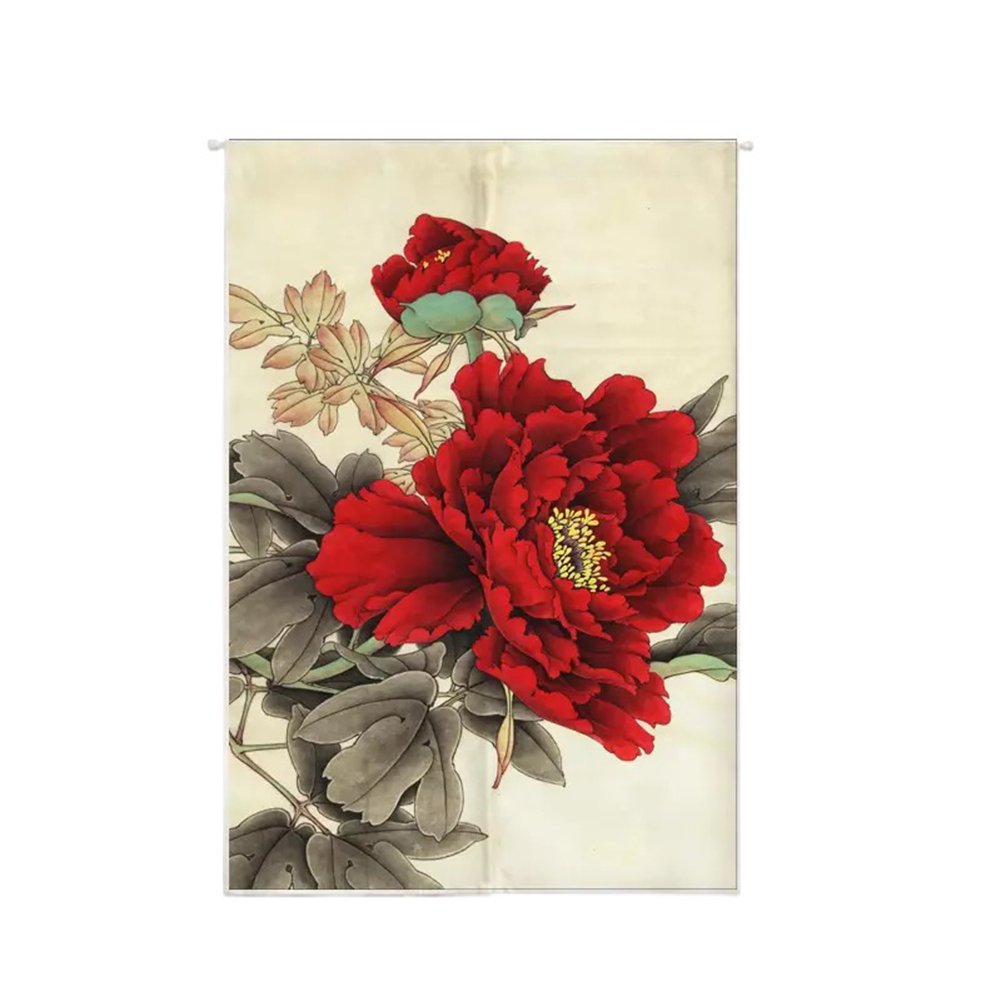 Oncefirst Linen Tapestry Curtain for Door - Japanese Noren Style Peony Design 35.5