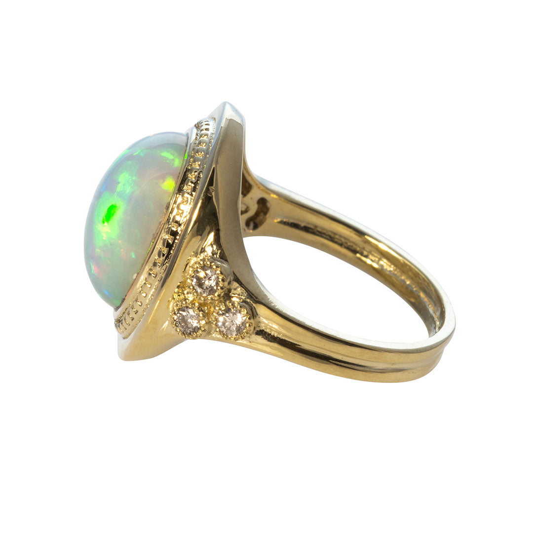 14K Yellow Gold Oval Cabochon Opal & Diamond Trio Ring for Women - Elegant Jewelry Gift for Birthday, Anniversary & Special Occasions