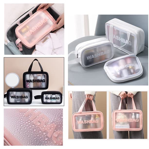 3-Piece Clear Toiletry Bags Set - Transparent Travel Cosmetic Organizer for Women & Girls | TSA Approved Makeup Wash Bag | Perfect for Air Travel, Gym, Beach Trips (Pink)