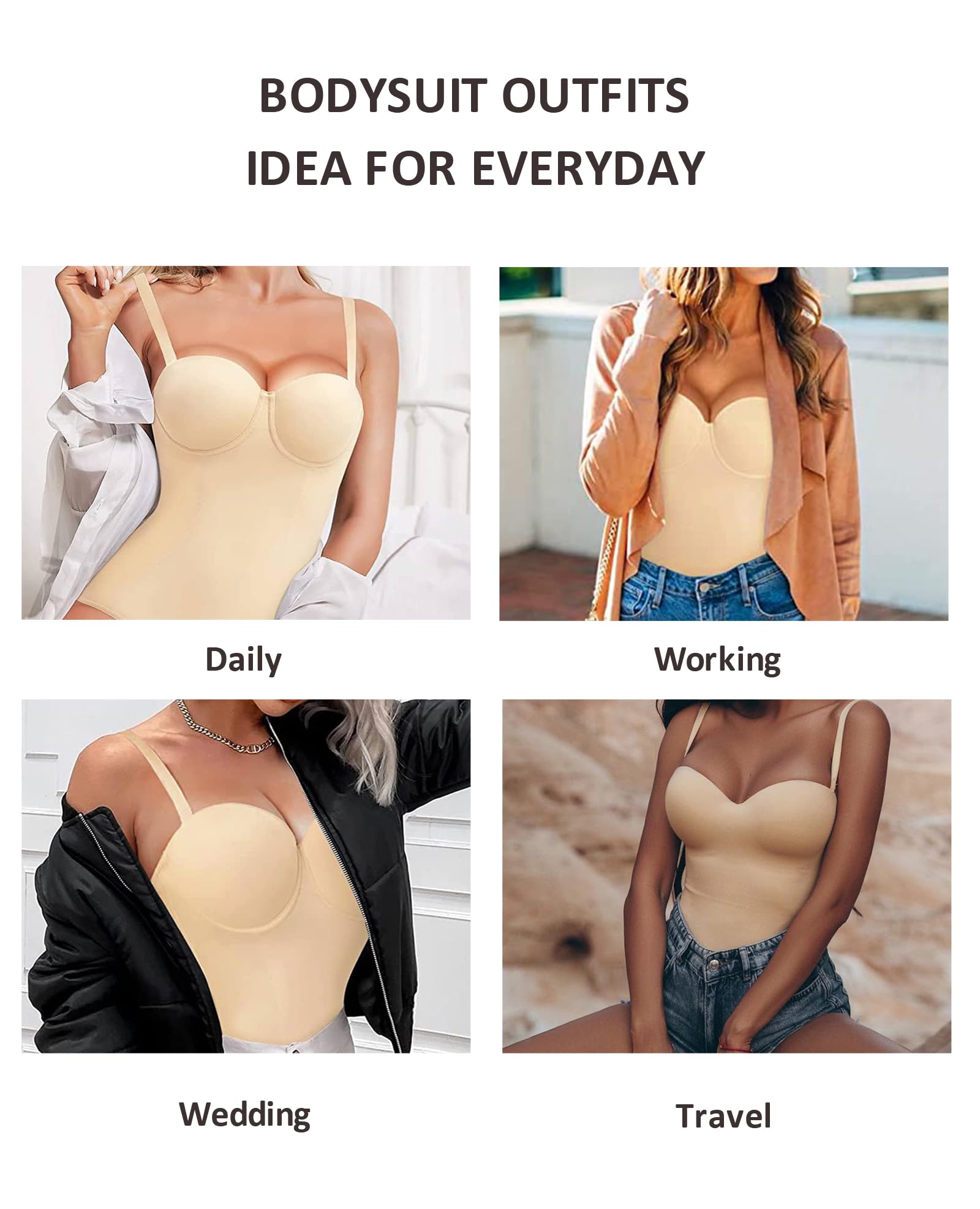 FeelinGirl Women's Tummy Control Shapewear Bodysuit - Seamless Slimming Body Shaper with Removable Straps & Built-in Cups | Perfect for Everyday Wear, Special Occasions & Postpartum Recovery
