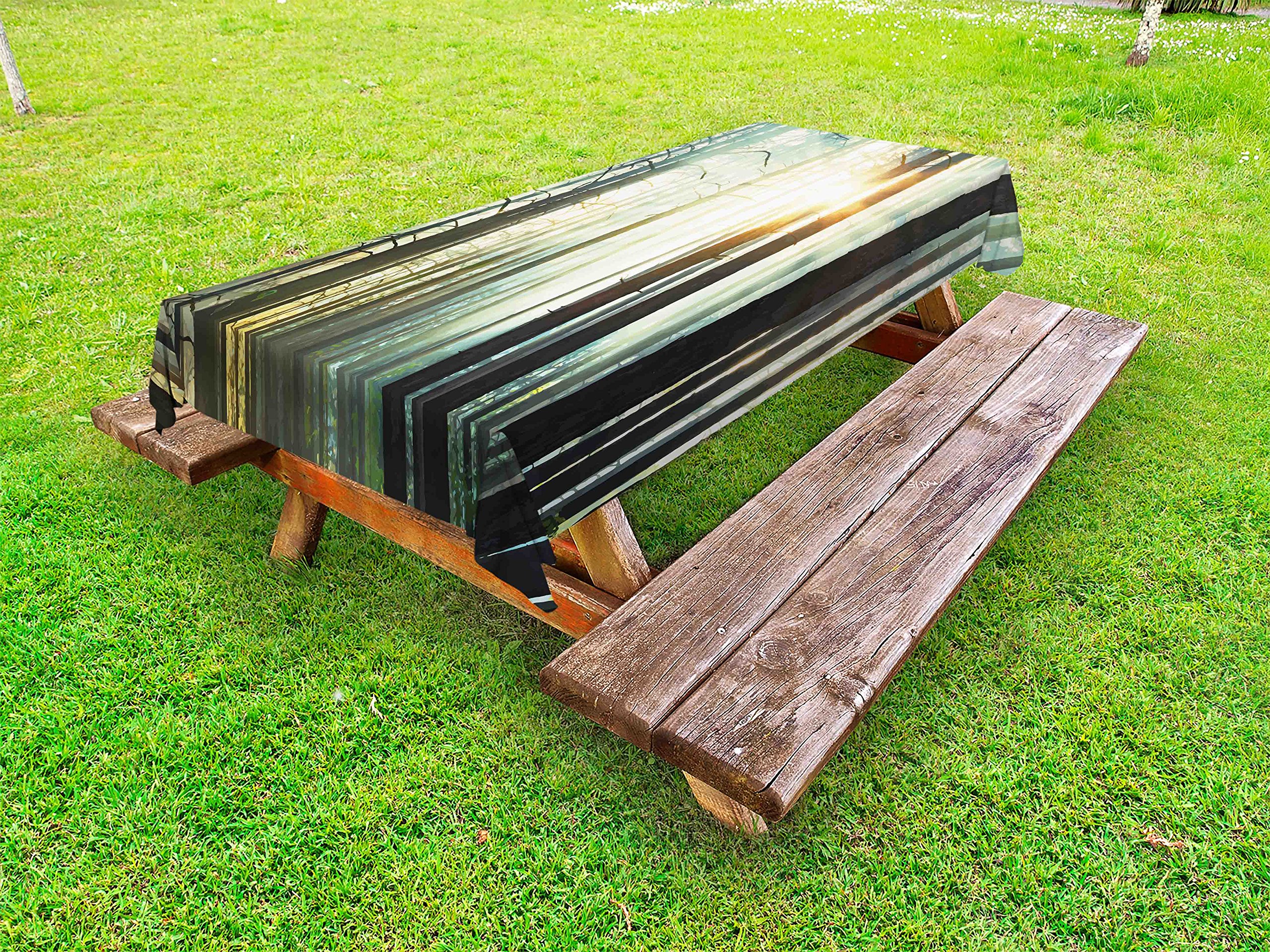 Ambesonne Waterproof Outdoor Tablecloth - Enchanted Forest Sunbeams Digital Art Print, Washable Picnic Table Cover 58x104 Inches, Seafoam Dark Brown - Perfect for Camping, BBQs, Garden Parties & Outdoor Dining